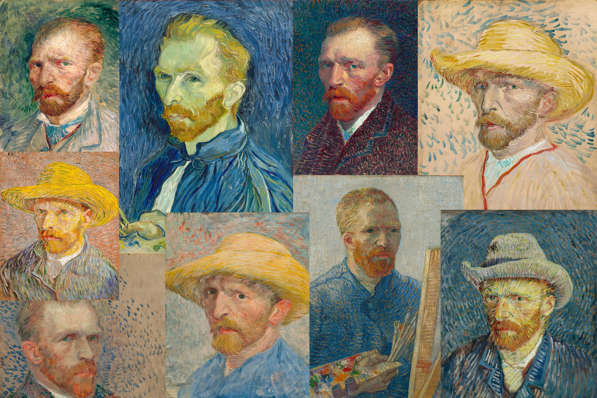 Yhdeksän Vincent van Goghin omakuvaa, useimmat maalattu Pariisissa vuosina 1886–1888, osa olkihattu päässä