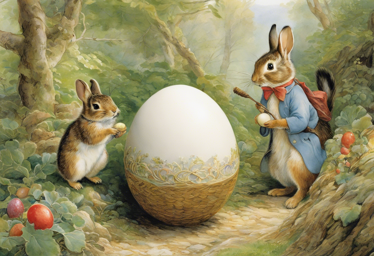 Easter poster, charming tales, delicate British watercolors, Rabbits and Egg