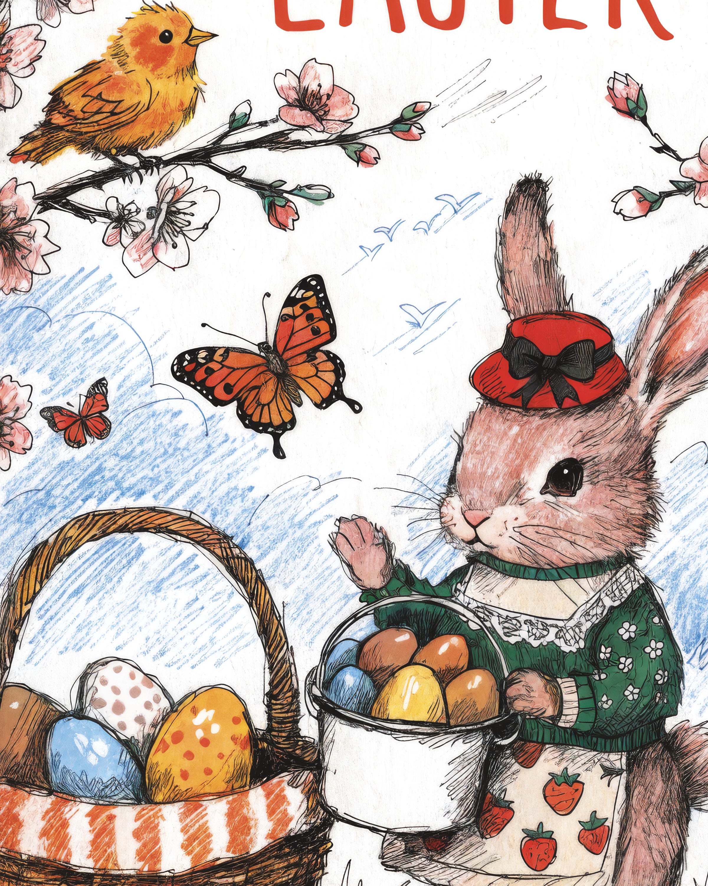 Pääsiäispupu kukkivassa puutarhassa -juliste