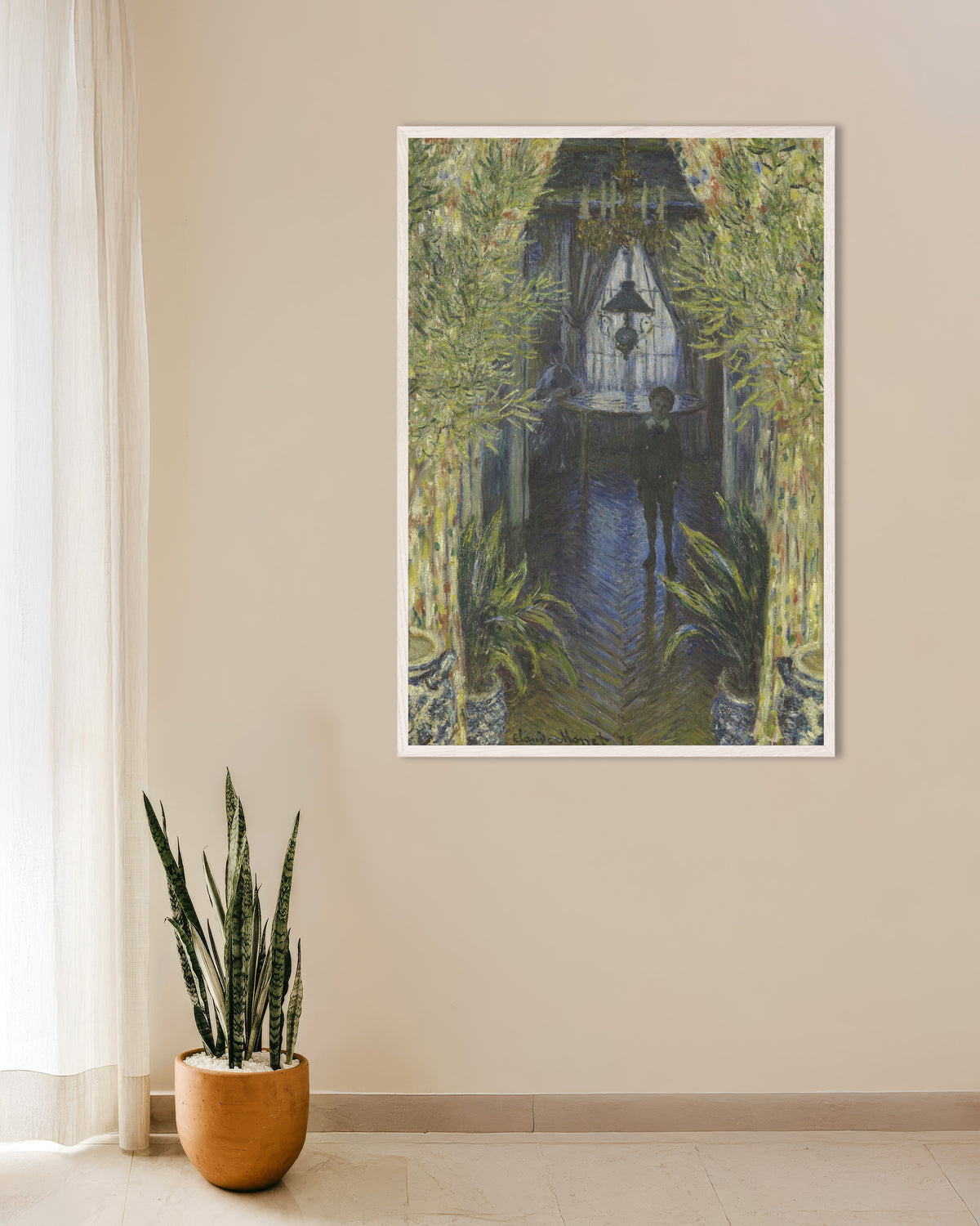 Claude Monet’n Asunnon nurkka (1875) -juliste valkoisessa puukehyksessä