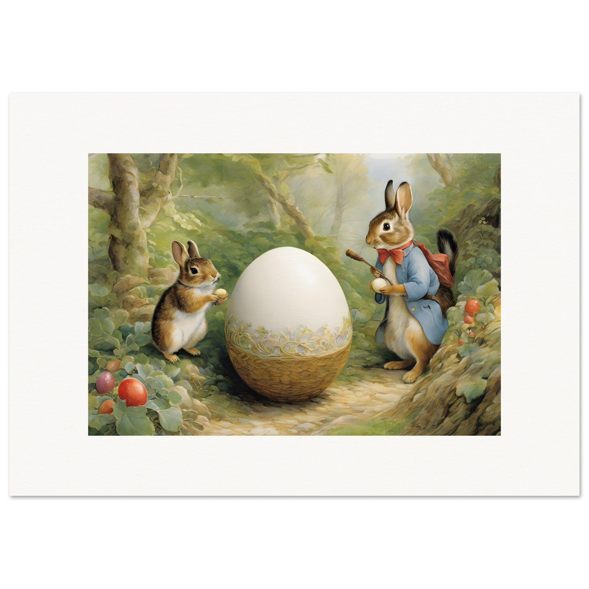 Easter poster, charming tales, delicate British watercolors, Rabbits and Egg