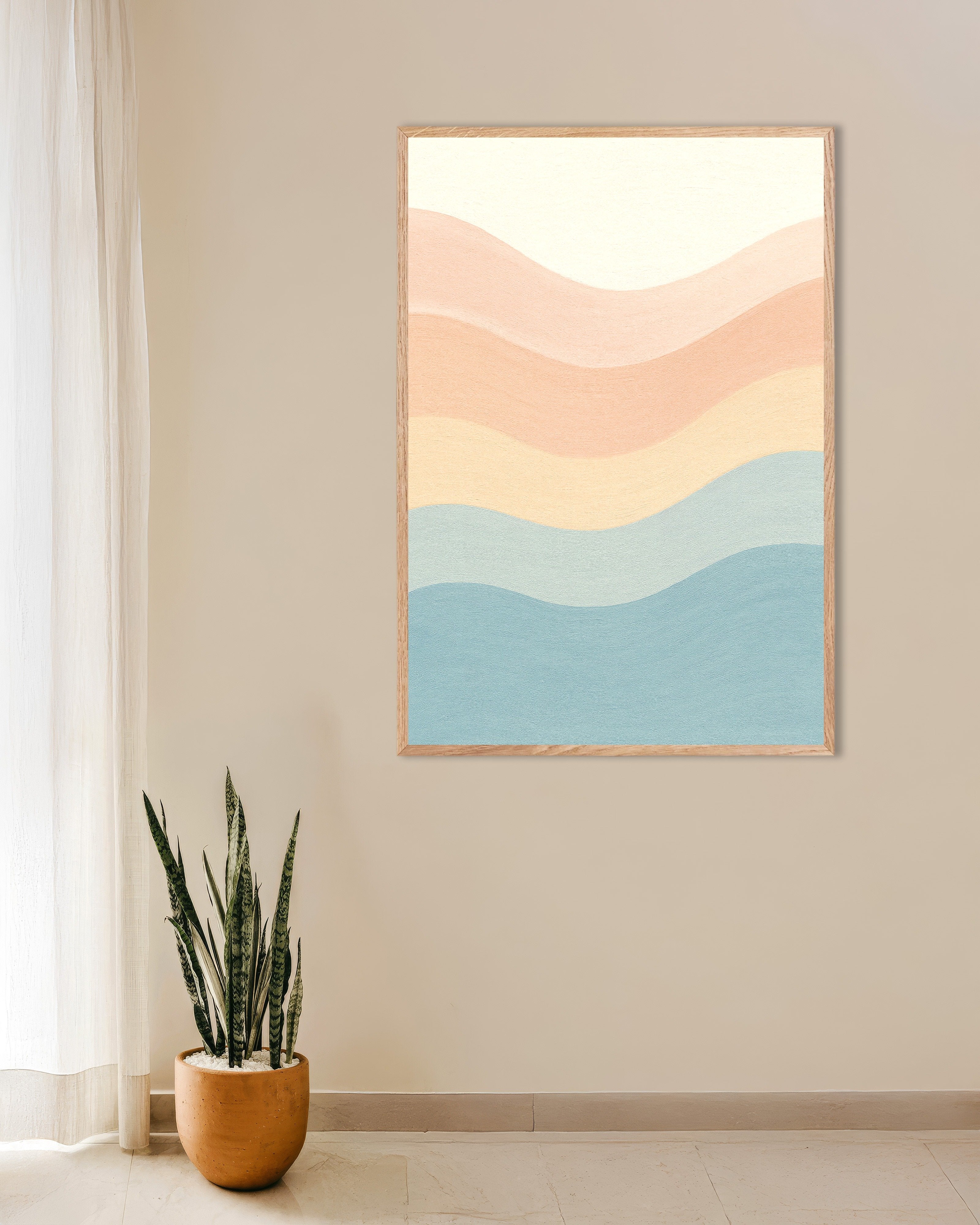 Poster of Abstract textured pastel waves, with natural wooden frame