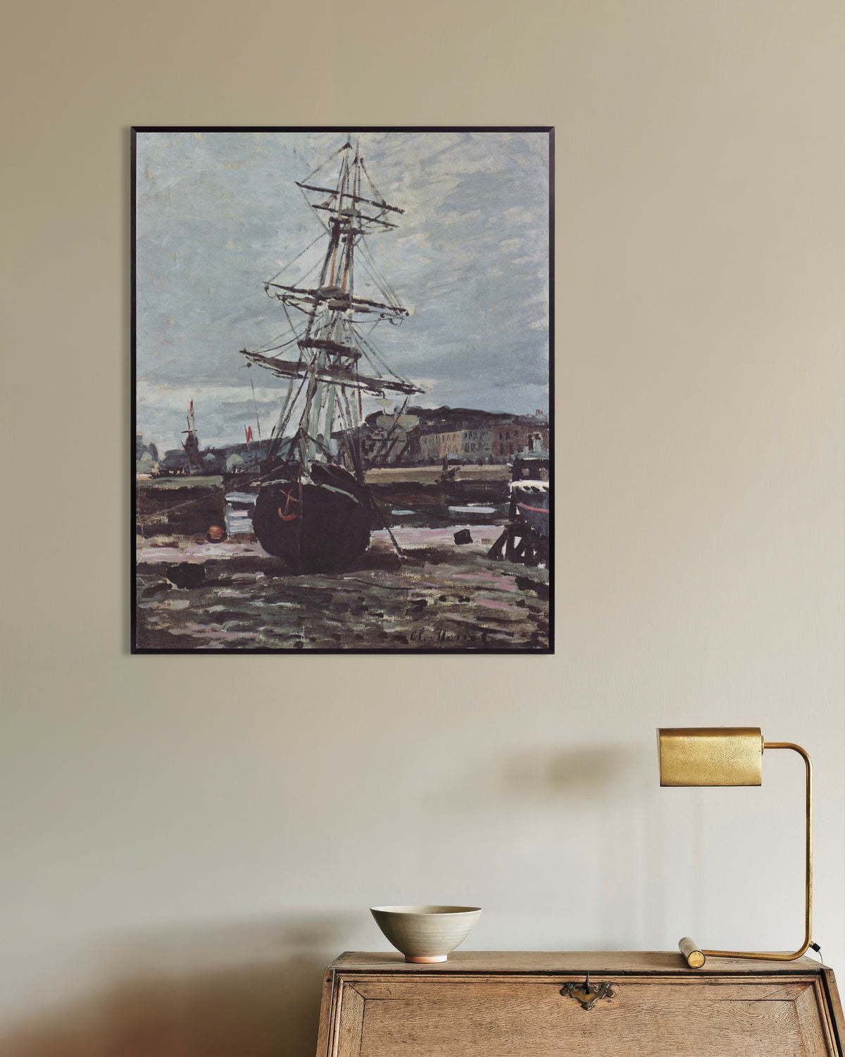 Claude Monet’n Karilleajanut vene Fécampissa (1868) -juliste metallikehyksessä