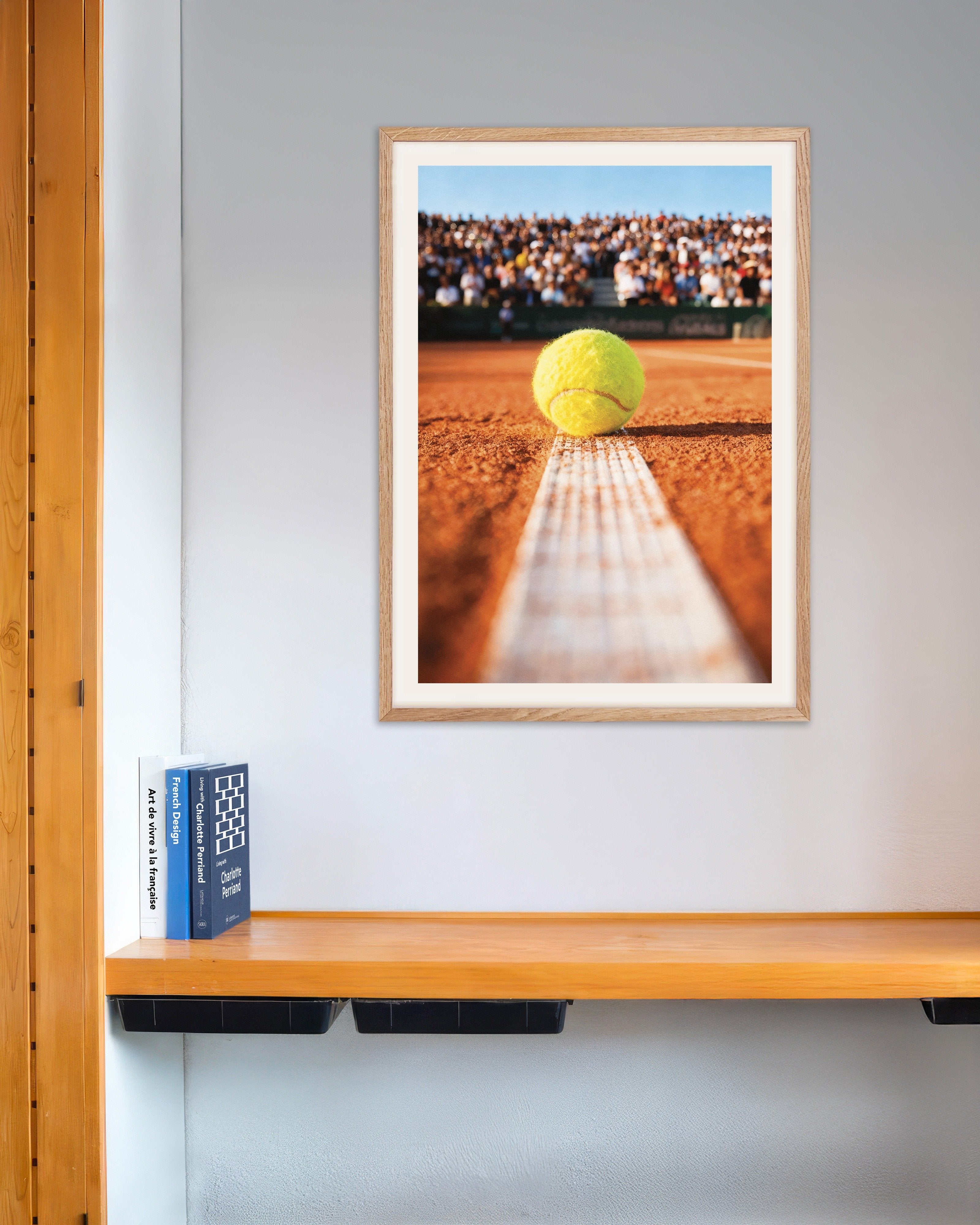 Poster of Clay court tennis poster – Close-up ball photography print, with natural wooden frame