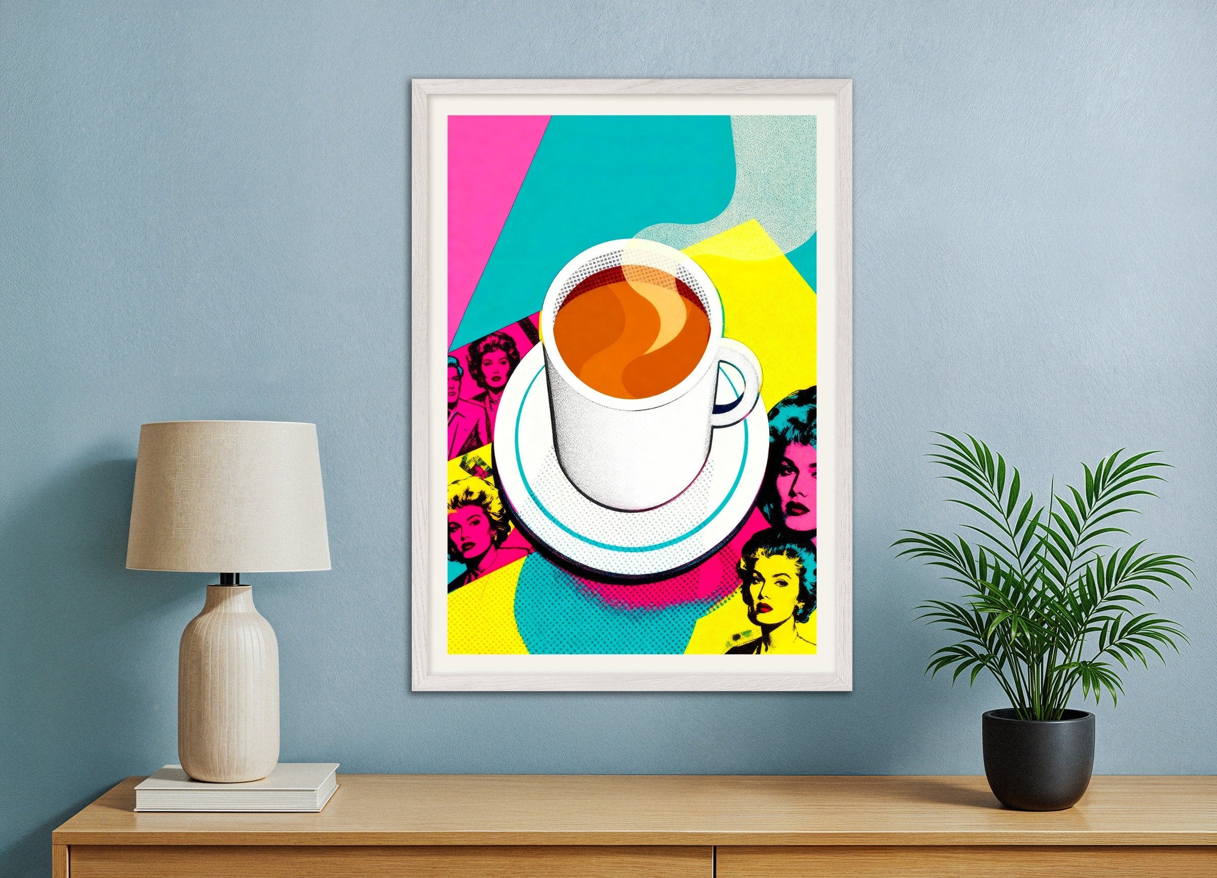 Poster of Coffee poster pop art – Andy Warhol style print, with white wooden frame