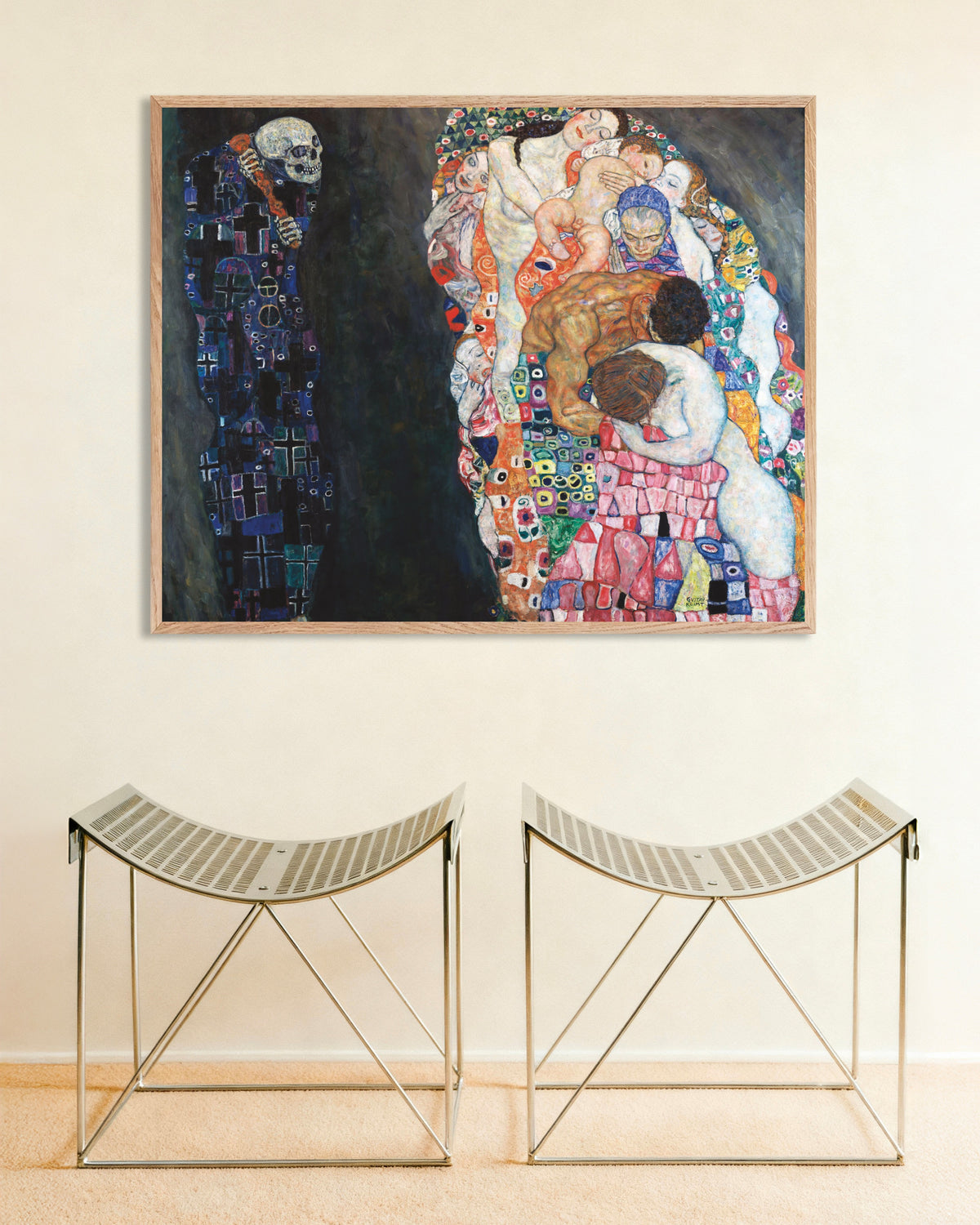 Juliste teoksesta Kuolema ja elämä (1910–1915), Gustav Klimt, luonnonvärisissä puukehyksissä