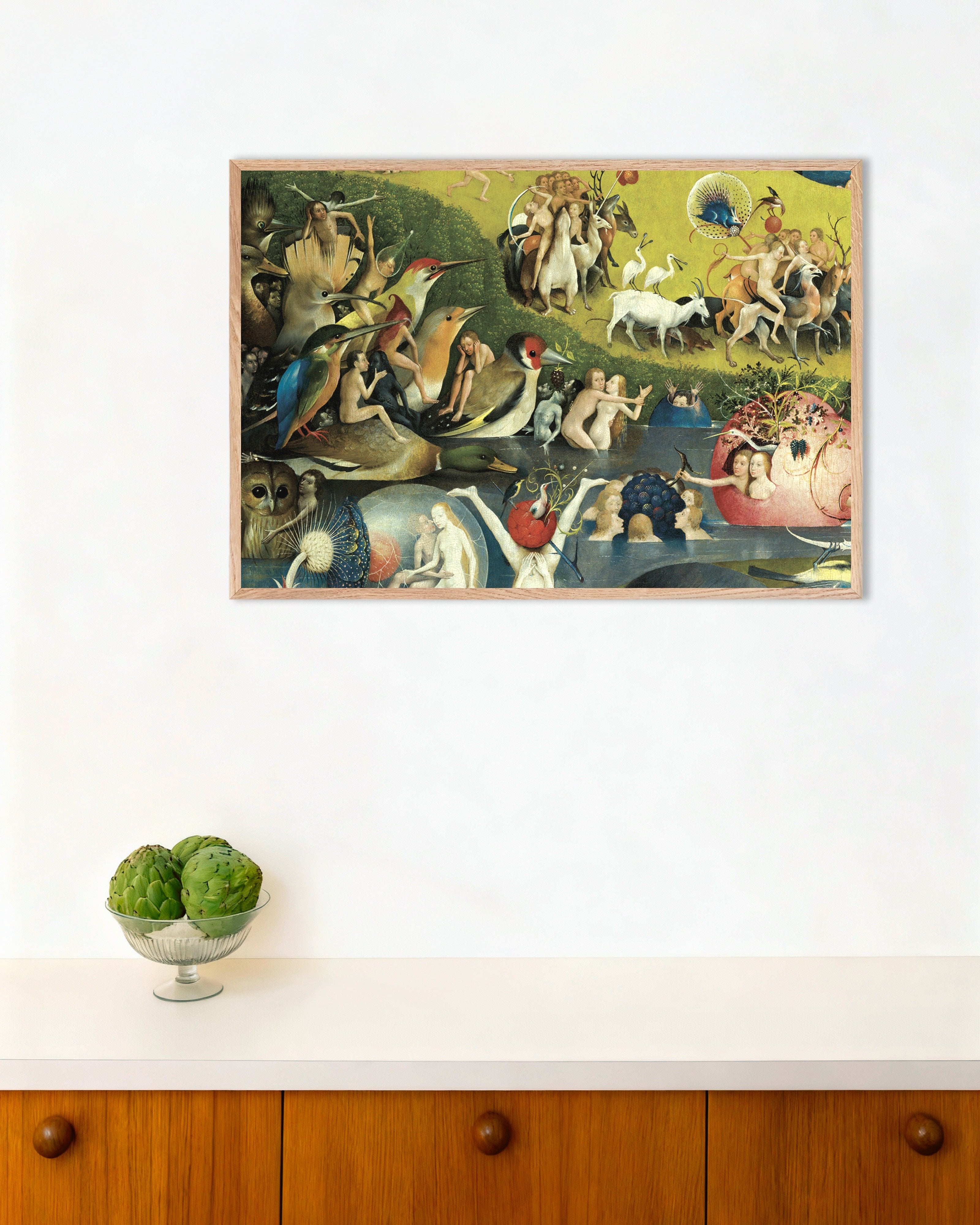Poster of Detail from The Garden of Earthly Delights: giant birds and forest riders, with natural wooden frame