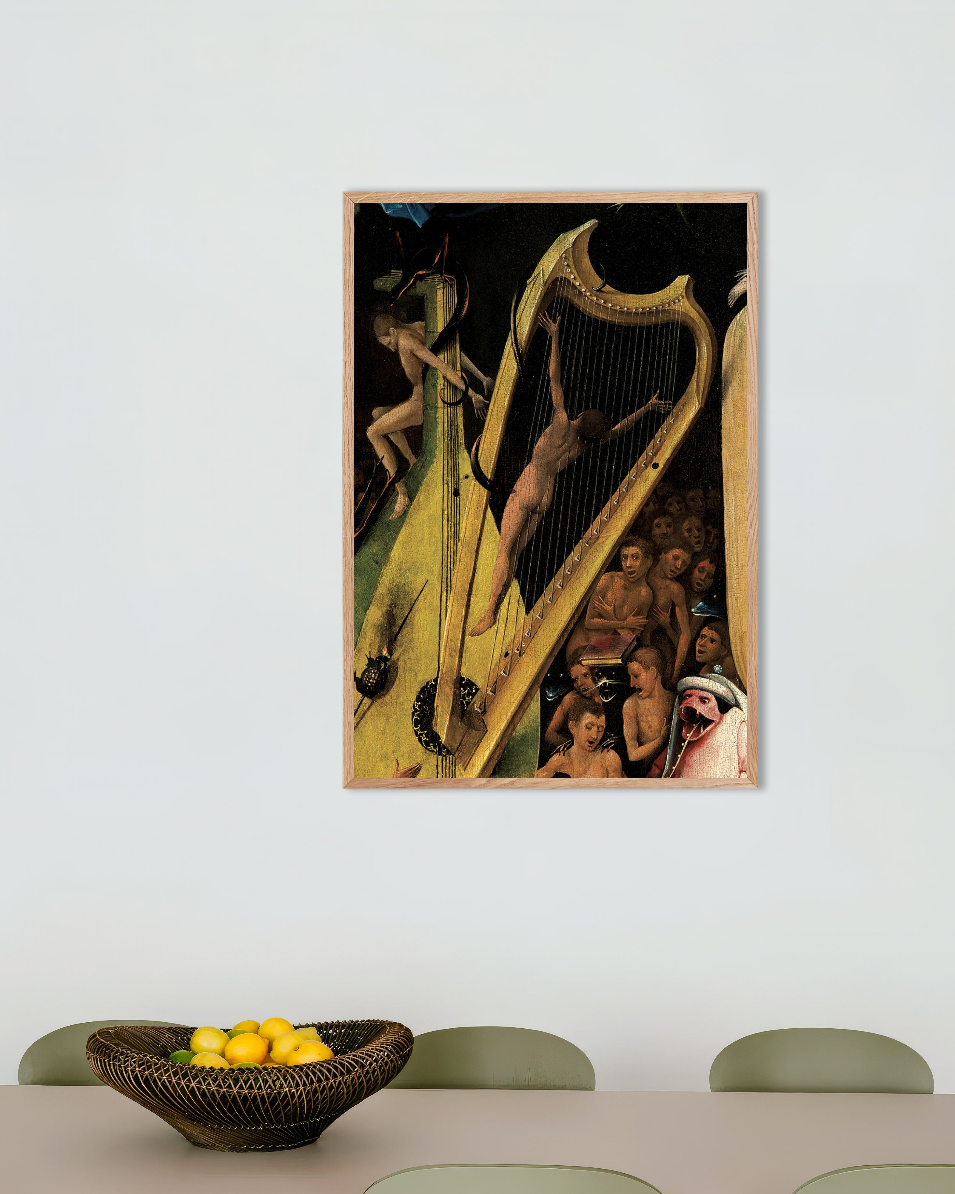 Poster of Detail from The Garden of Earthly Delights: the musical instruments of hell, with natural wooden frame