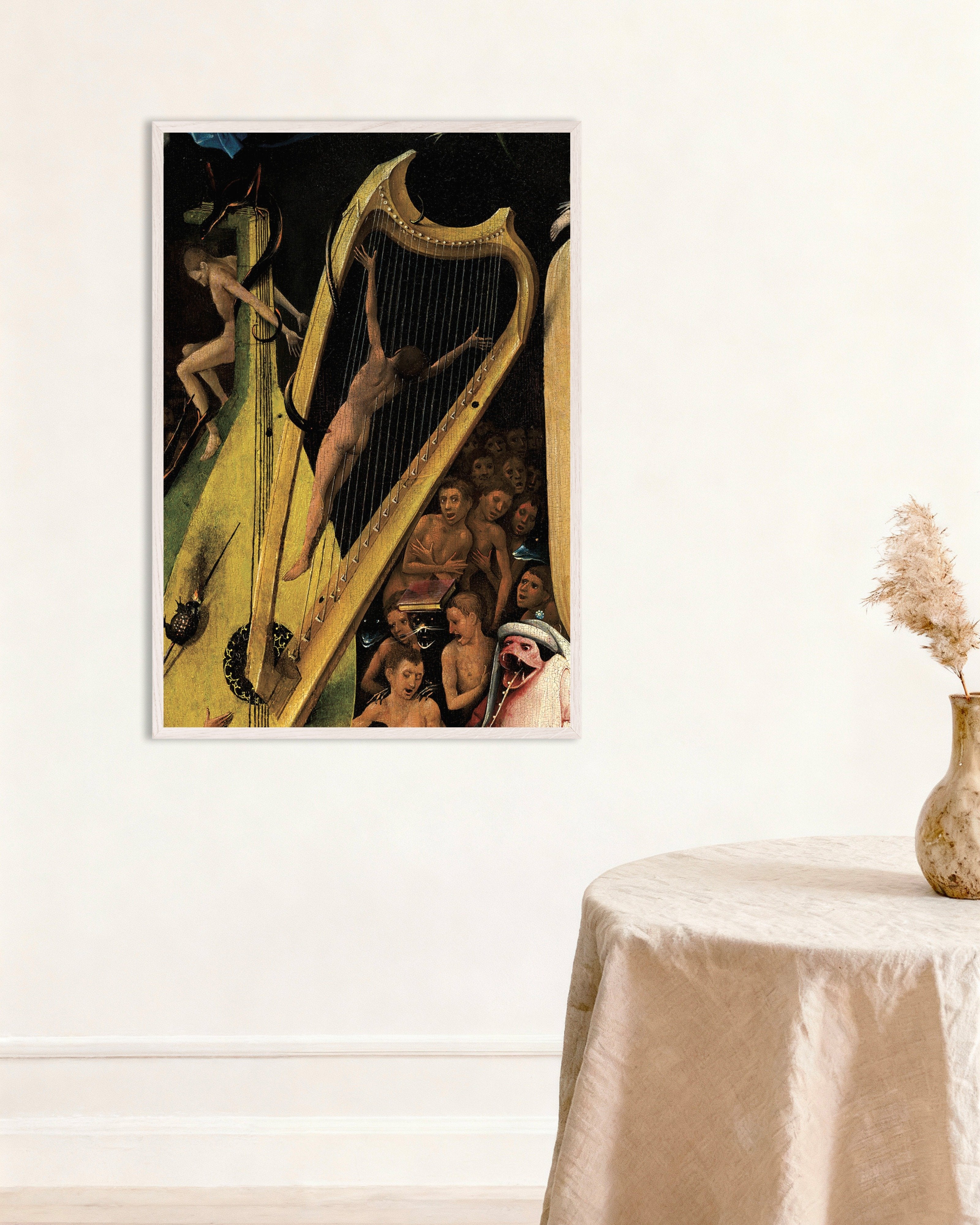 Poster of Detail from The Garden of Earthly Delights: the musical instruments of hell, with white wooden frame