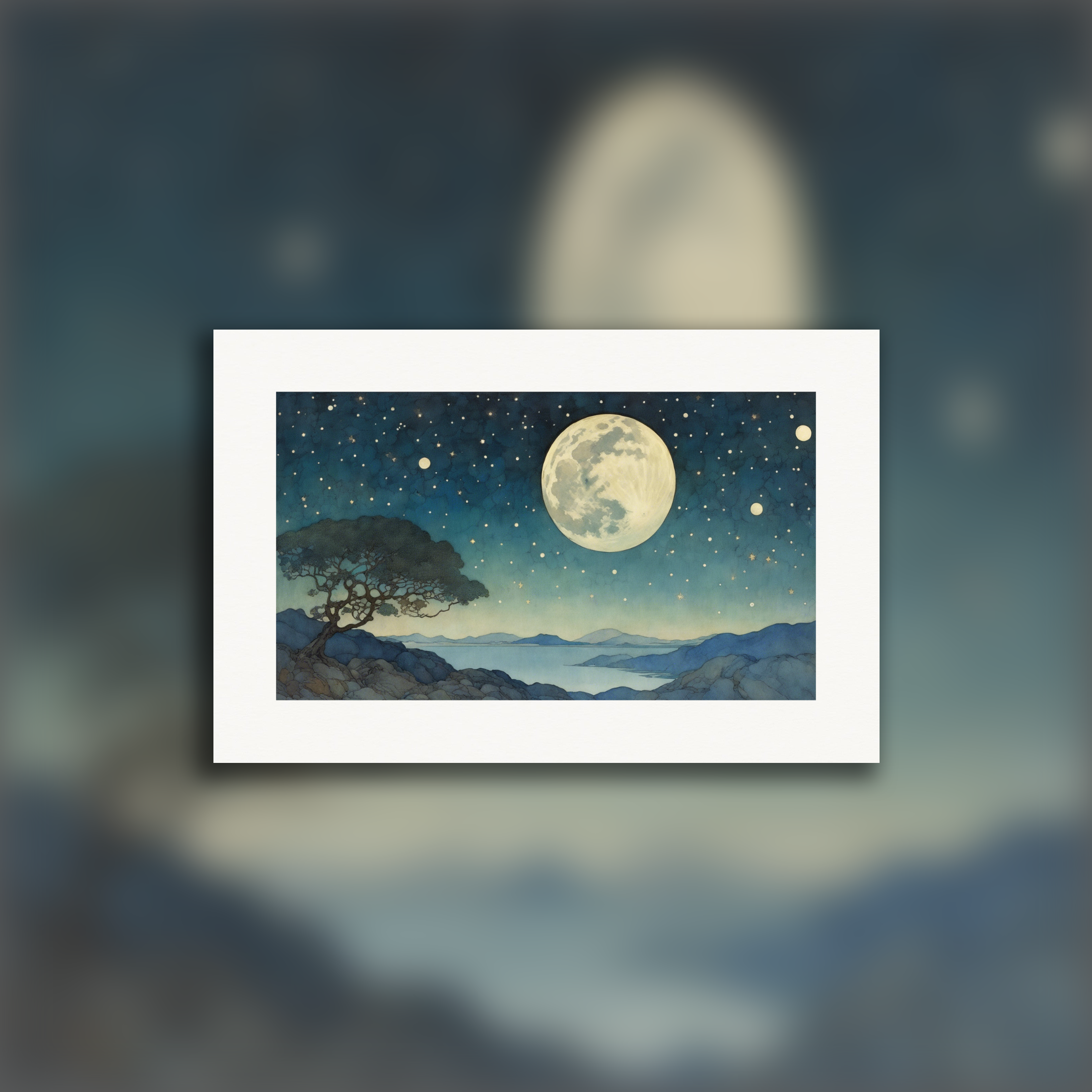 Enchanting illustration, Moon and starry sky - Poster