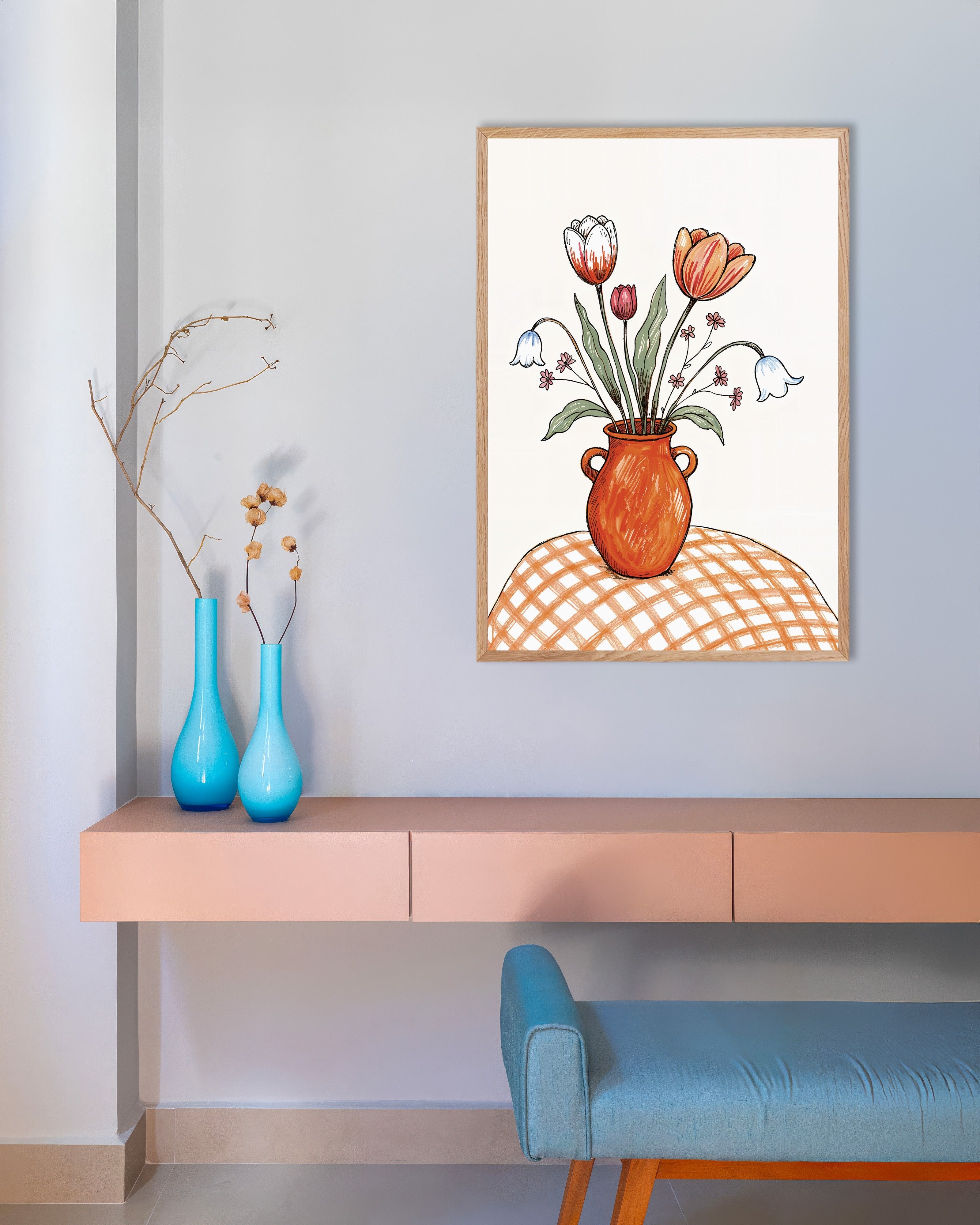 Poster of Easter Tulips Still Life in Terracotta, with natural wooden frame