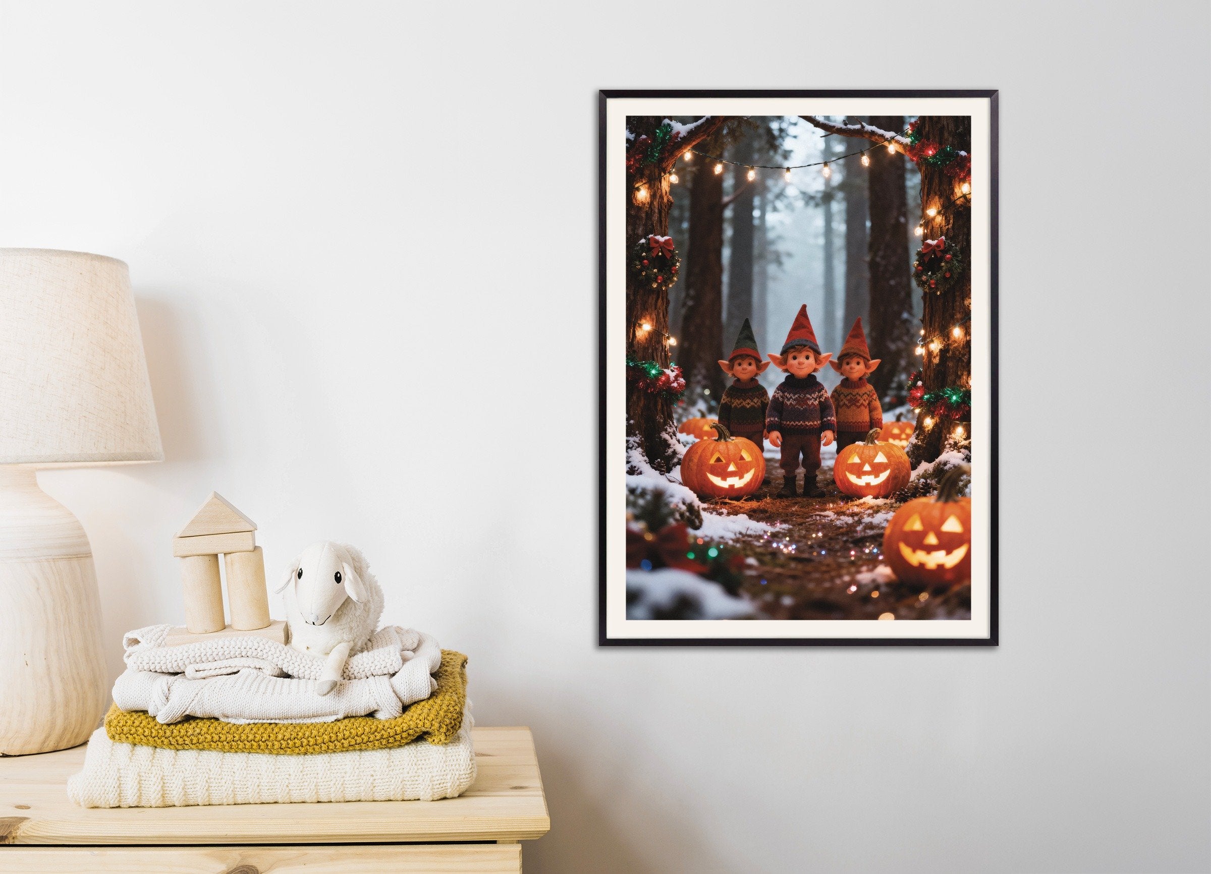 Poster of Elves and pumpkins in the snowy forest poster, with metal frame
