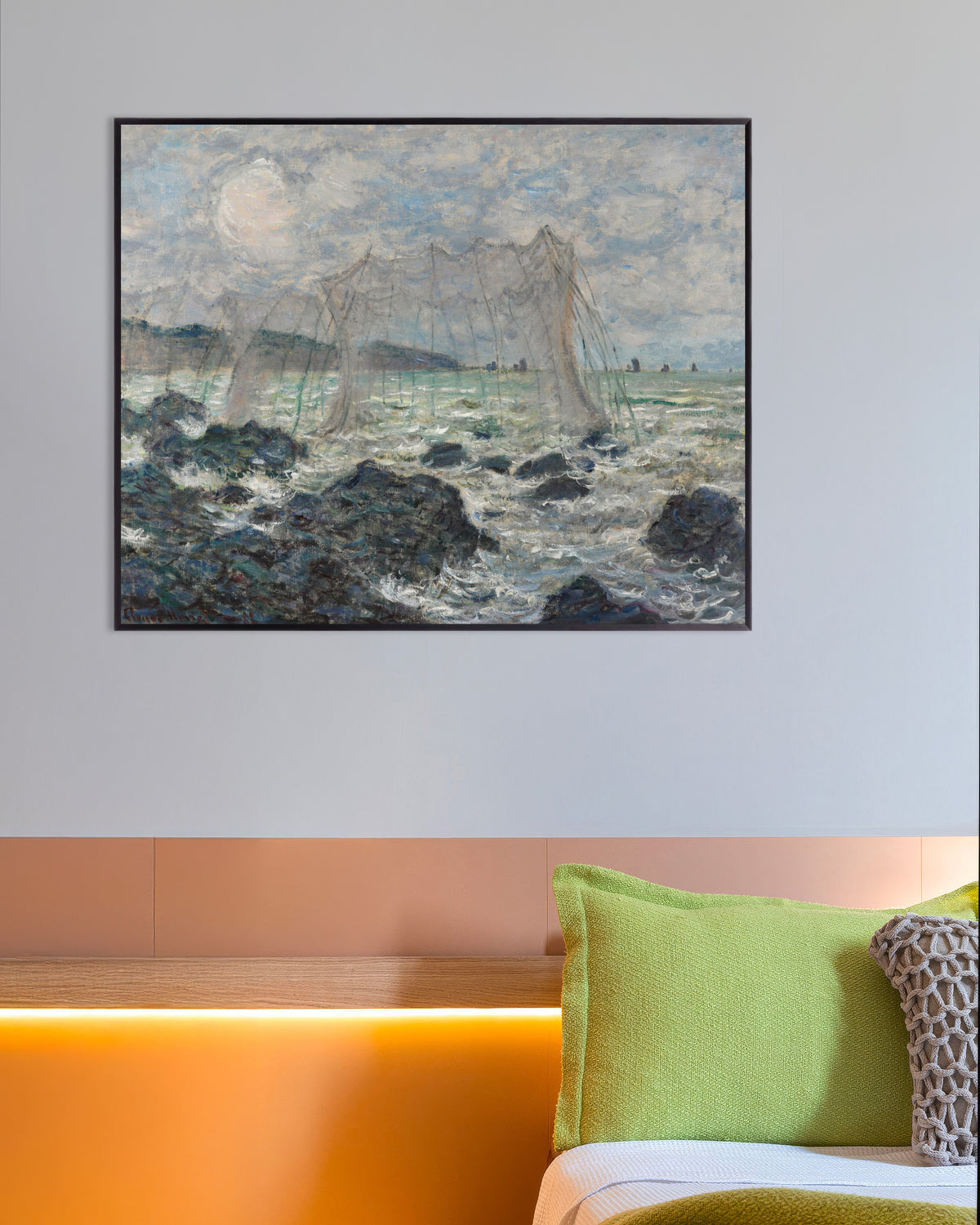 Claude Monet’n Kalaverkkoja Pourvillessa (1882) -juliste metallikehyksessä