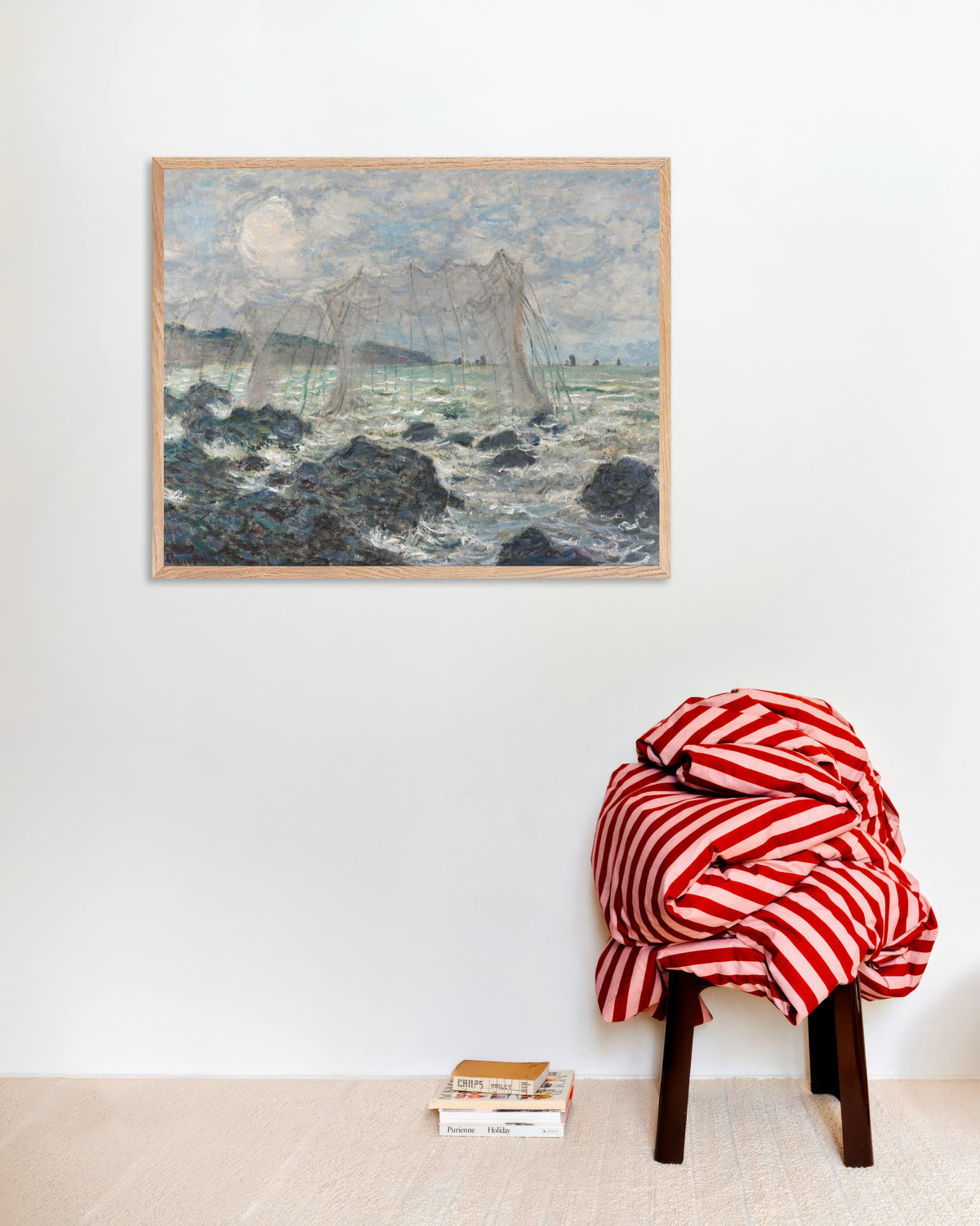 Claude Monet’n Kalaverkkoja Pourvillessa (1882) -juliste luonnonvärisessä puukehyksessä
