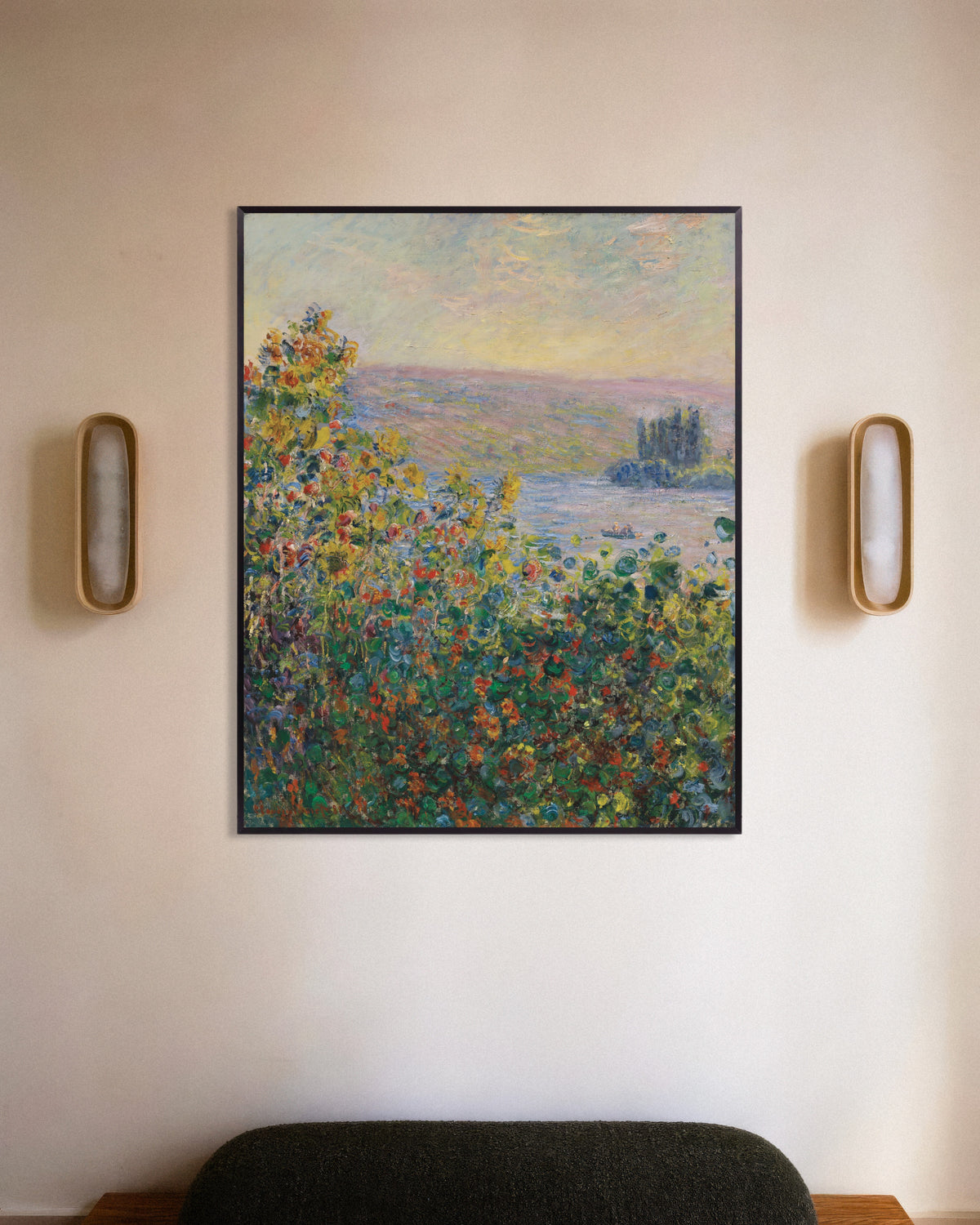 Claude Monet’n Kukkapenkkejä Vétheuilissa (1881) -juliste metallikehyksessä