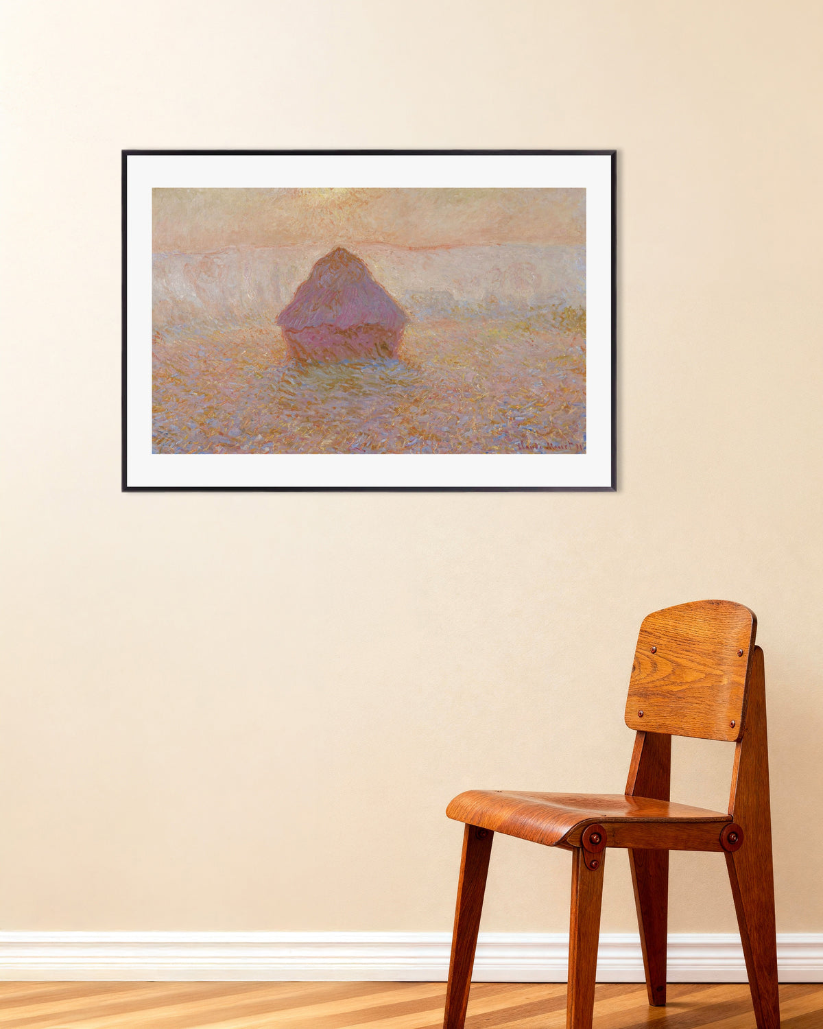 Claude Monet’n Viljasuova, aurinko usvassa (1891) -juliste metallikehyksessä