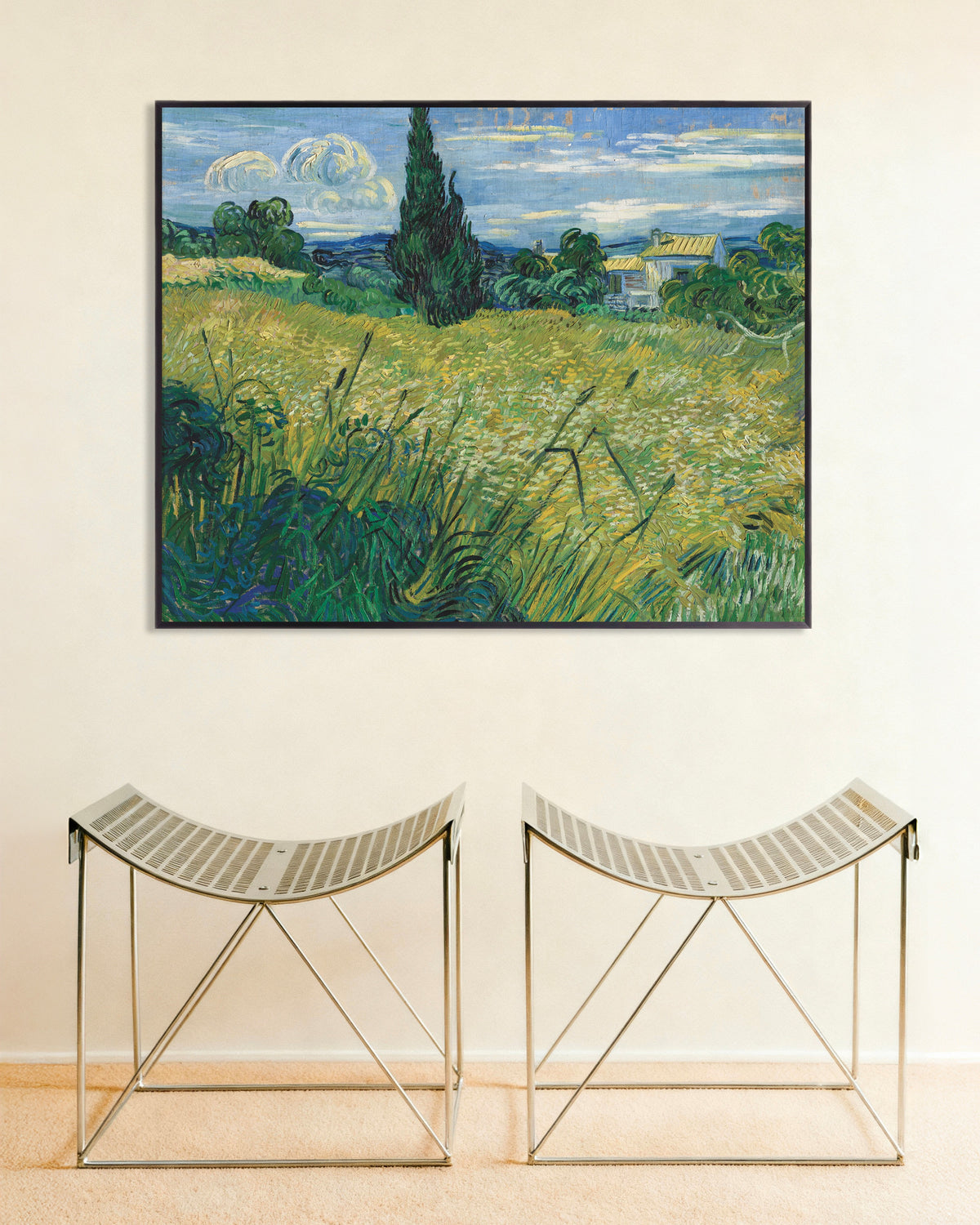 Juliste teoksesta Vihreä vehnäpelto ja sypressi (1889), Vincent van Gogh, metallikehyksellä