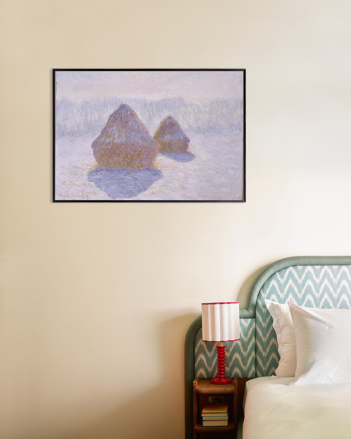 Claude Monet’n Viljasuovat, lumi ja aurinko (1891) -juliste metallikehyksessä