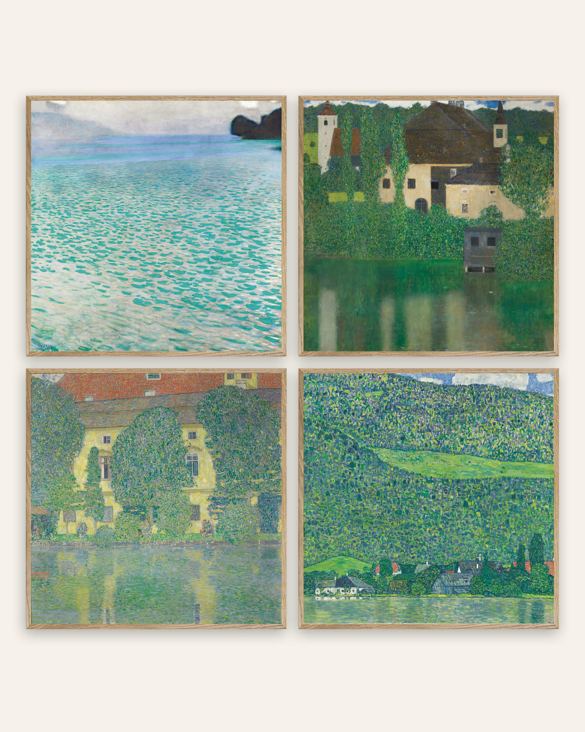 Klimt-julisteet, 4 kpl setti: Attersee, Vesilinna, Kammerin linna ja Litzlberg, luonnontammikehyksissä