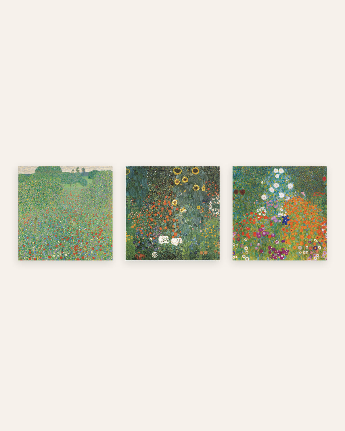 Klimt-julisteet, 3 kpl setti: Unikkoniitty, Maalaispuutarha ja auringonkukat sekä Maalaispuutarha, ilman kehystä