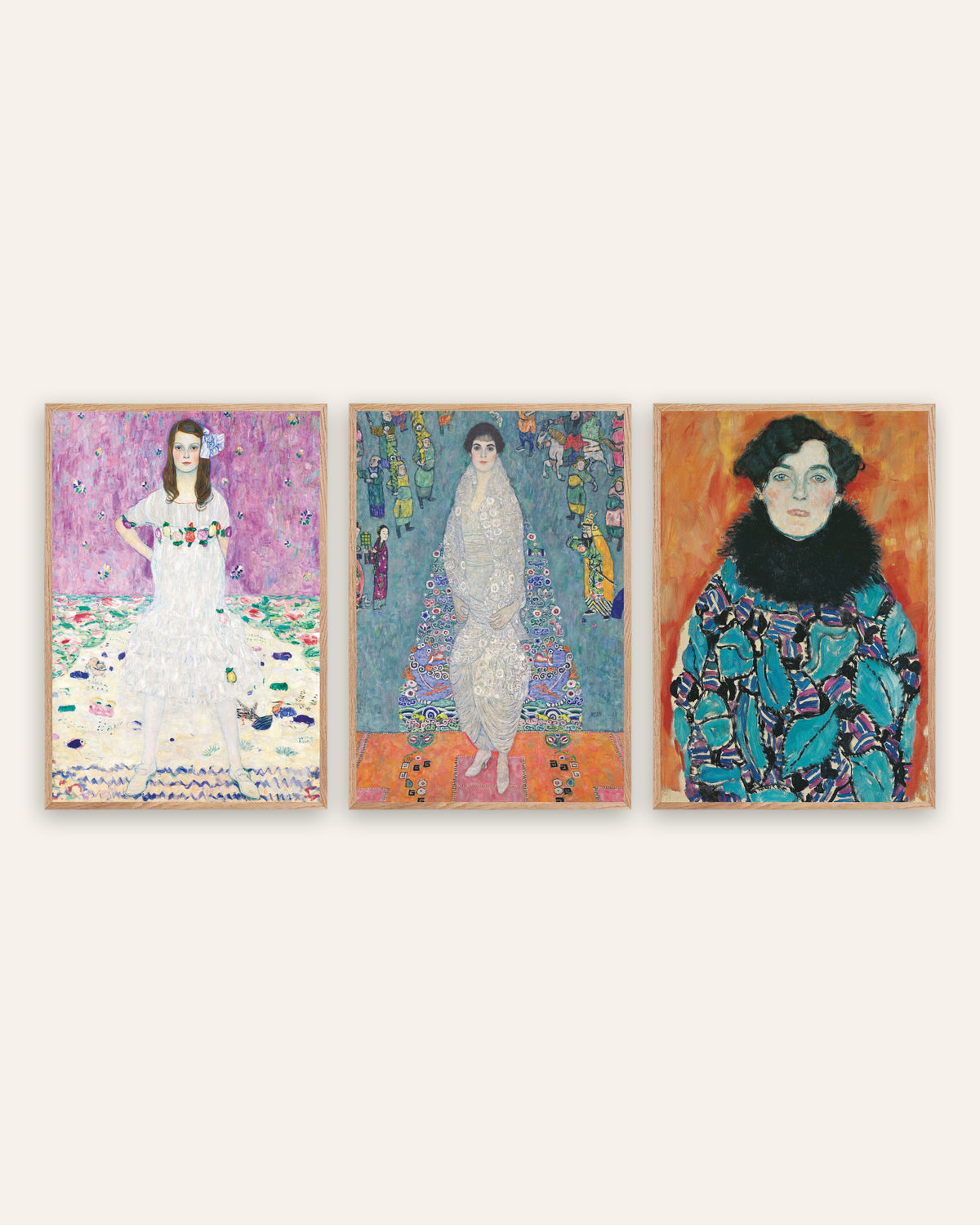 Klimt-julisteet, 3 kpl setti muotokuvia: Mäda Primavesi, Elisabeth Lederer ja Johanna Staude, luonnontammikehyksissä