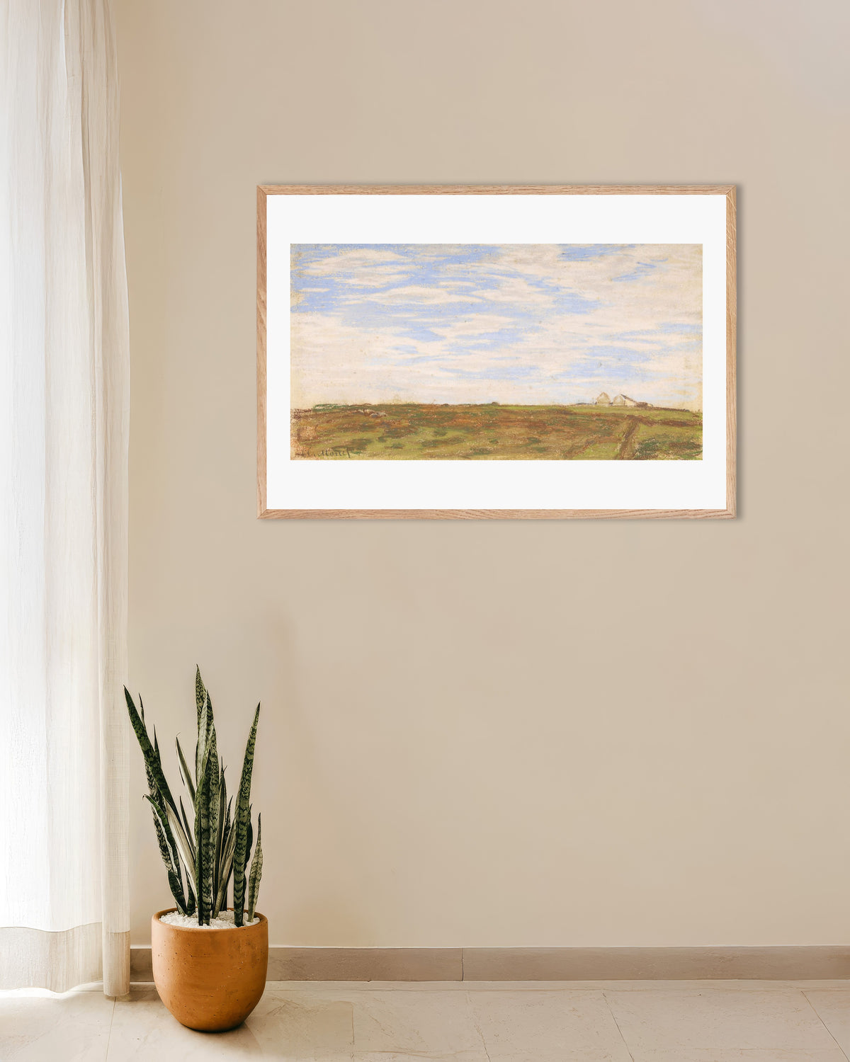 Claude Monet’n Maisema (1864–1866) -juliste luonnonvärisessä puukehyksessä