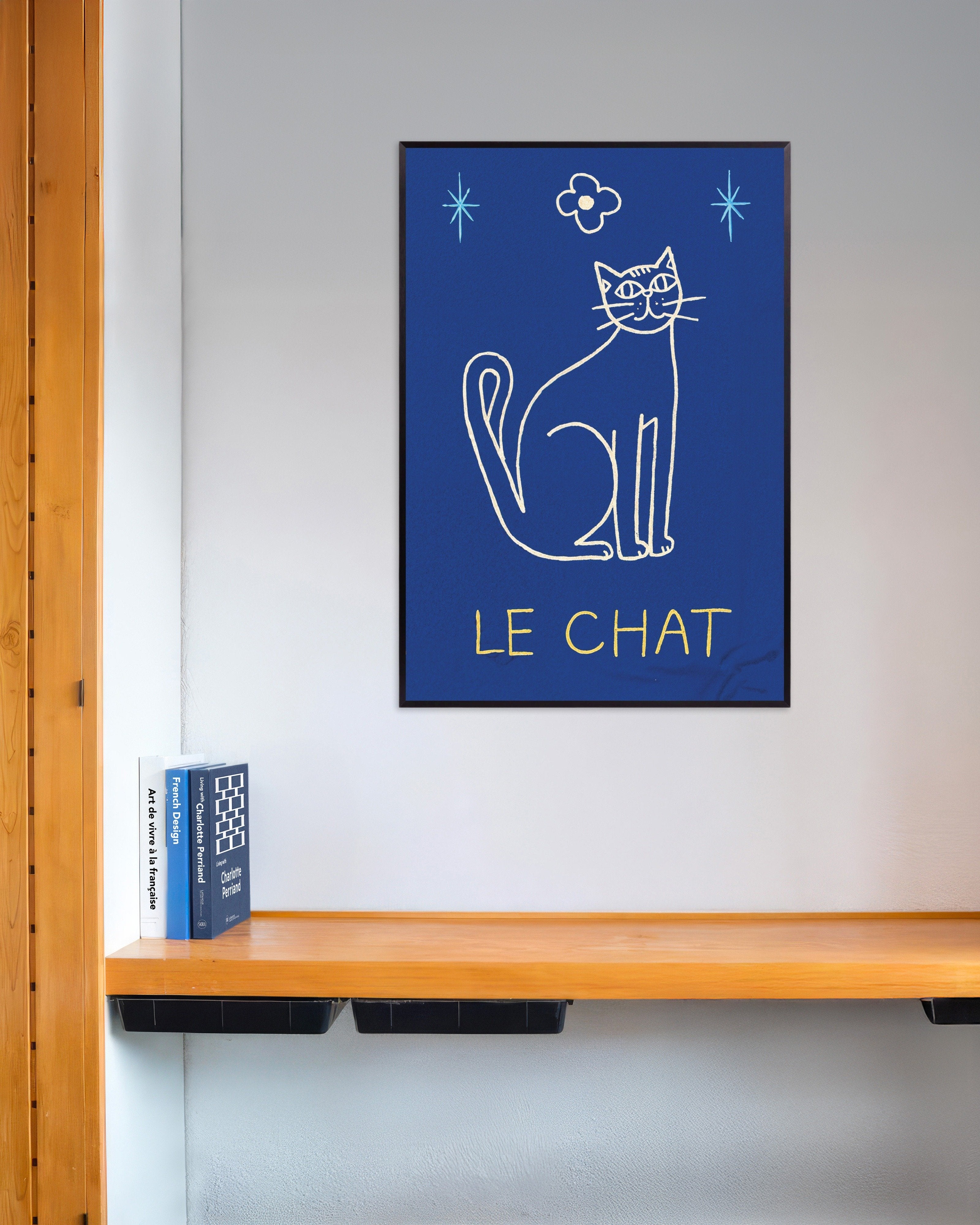 Poster of Le Chat - Blue Line Art Cat Poster, with metal frame