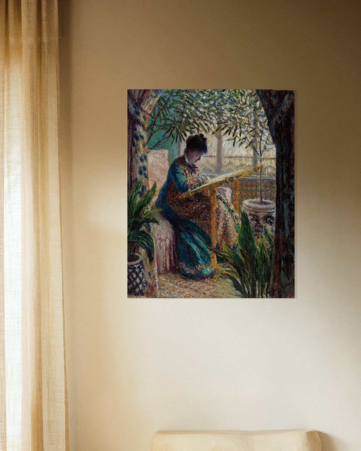 Claude Monet’n Madame Monet kirjailemassa (1875) -juliste