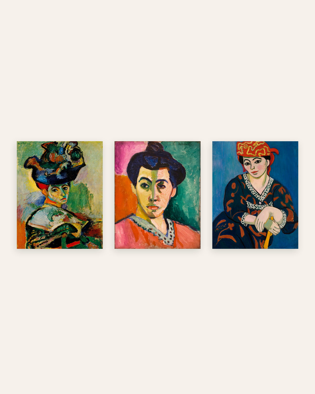 Matisse-julisteet, 3 kpl setti fauvistisia muotokuvia: Nainen ja hattu, Madame Matisse ja Punainen madras-päähine, ilman kehystä