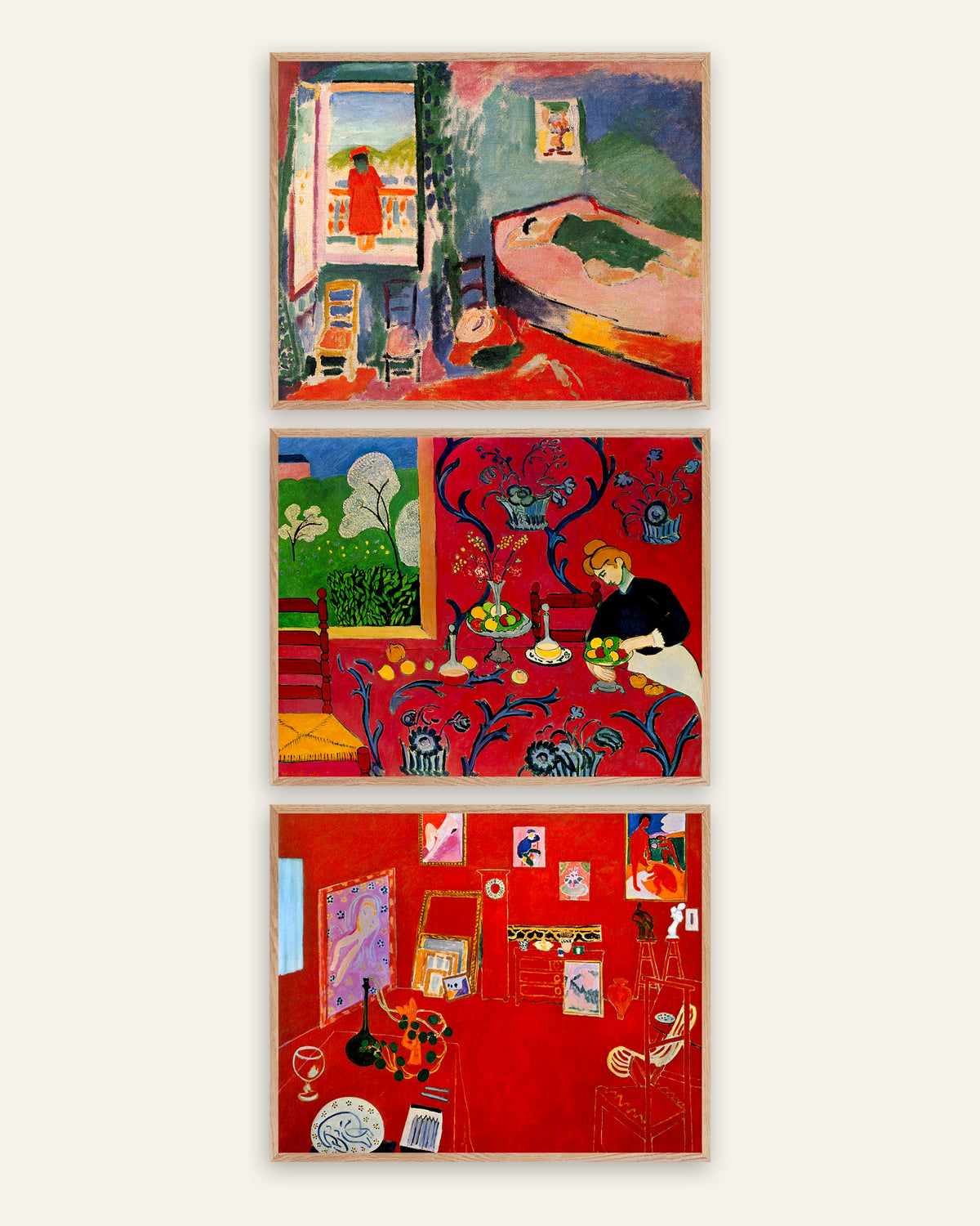 Matisse-julisteet, 3 kpl setti: Sisätila Colliouressa, Punainen harmonia ja Punainen ateljee, luonnontammikehyksissä