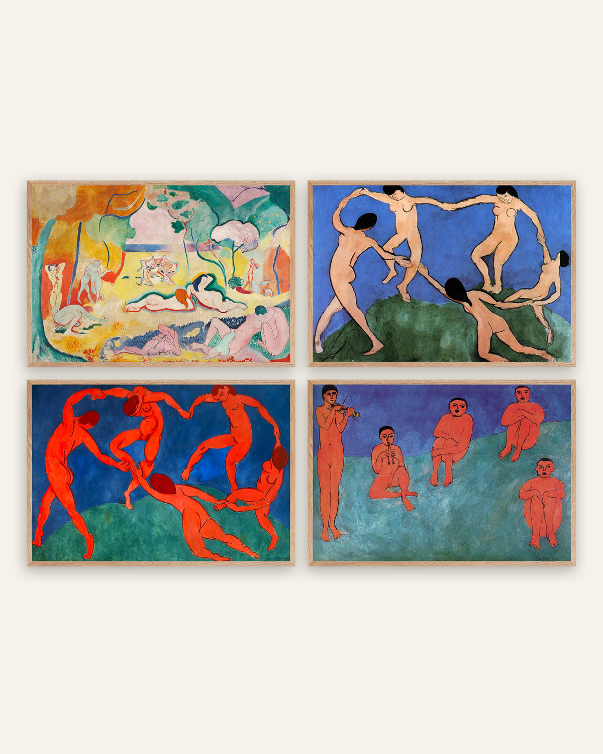 Matisse-julisteet, 4 kpl setti: Elämänilo, Tanssi I ja II sekä Musiikki, luonnontammikehyksissä