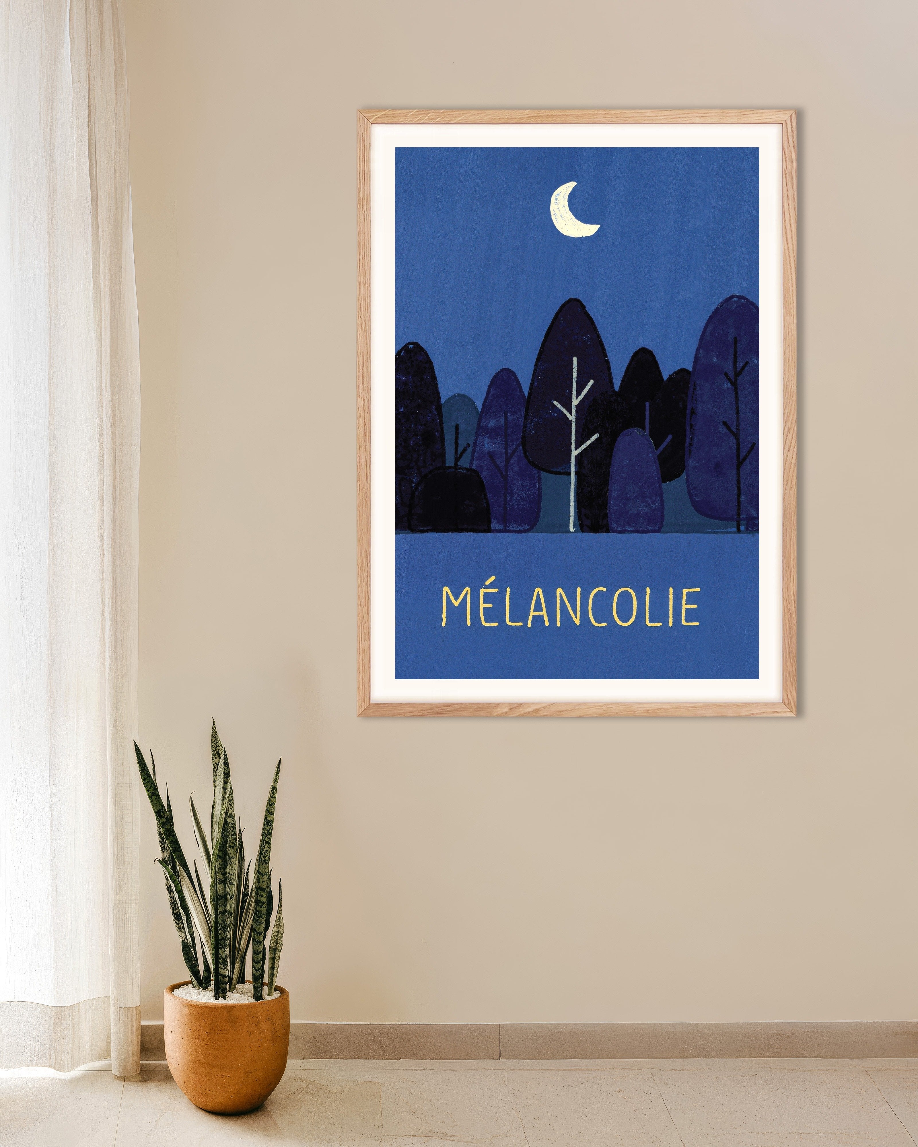 Poster of Mélancolie Moonlit Forest Poster, with natural wooden frame