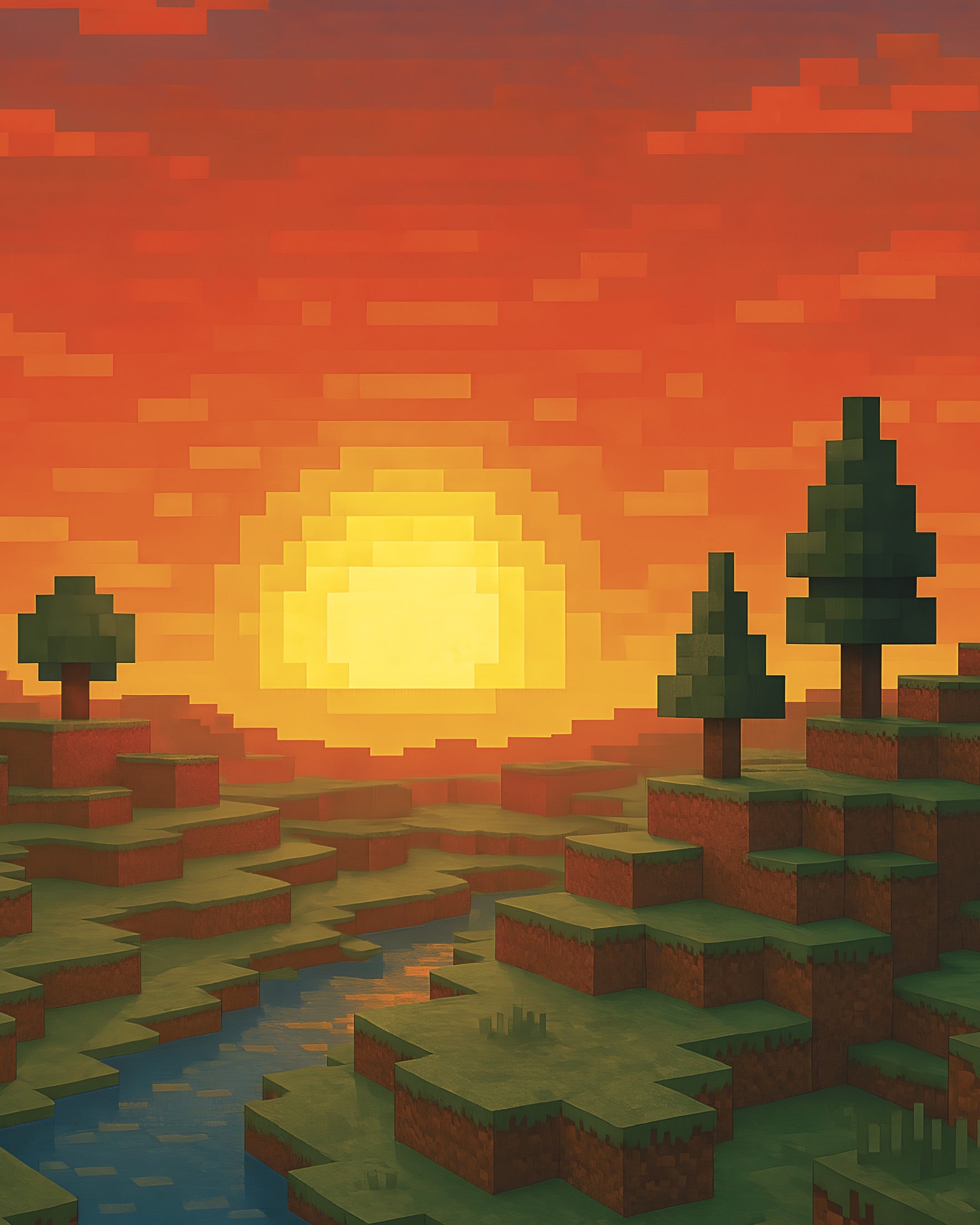 Minecraftin auringonlasku – pikselitaidefani juliste joella ja puilla