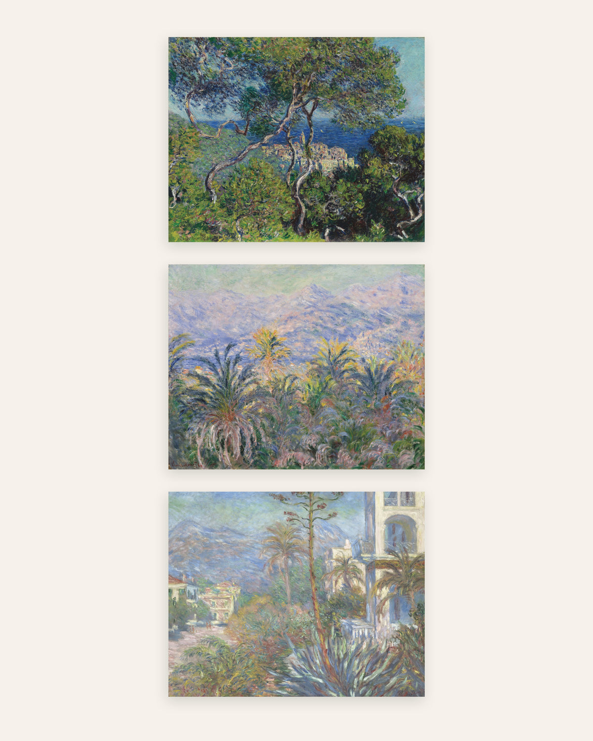 Monet Bordighera-julisteet, 3 kpl setti: männyt, palmut ja huvilat, ilman kehystä