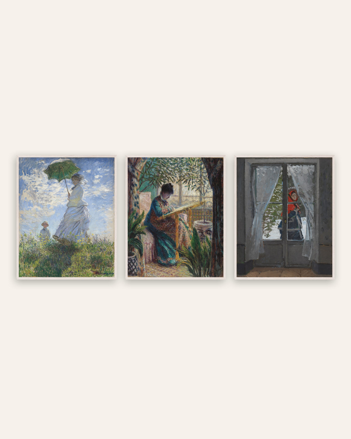 Monet Camille-julisteet, 3 kpl setti: Nainen ja päivänvarjo, punainen huivi, valkoisissa tammikehyksissä