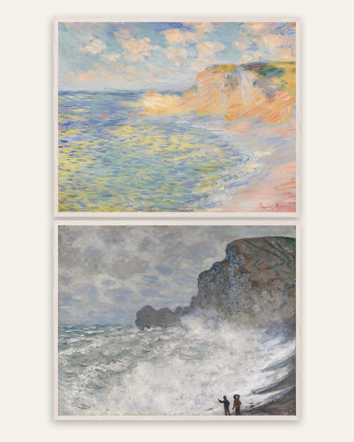 Monet Étretat-julisteet, 2 kpl setti: Falaise d’Amont ja myrsky, valkoisissa tammikehyksissä