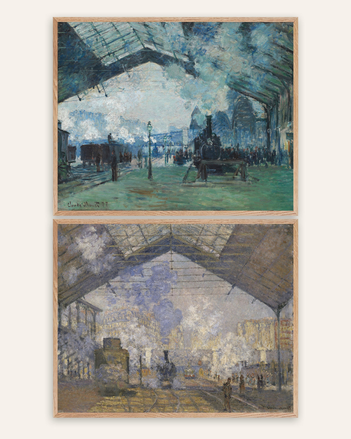 Monet Gare Saint-Lazare -julisteet, 2 kpl setti: höyry ja junat, luonnontammikehyksissä