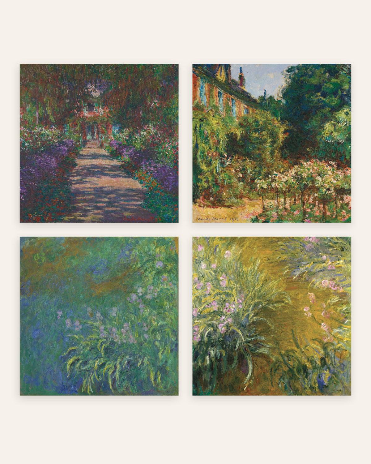 Monet Givernyn puutarha -julisteet, 4 kpl setti: kuja, talo ja kurjenmiekat, ilman kehystä