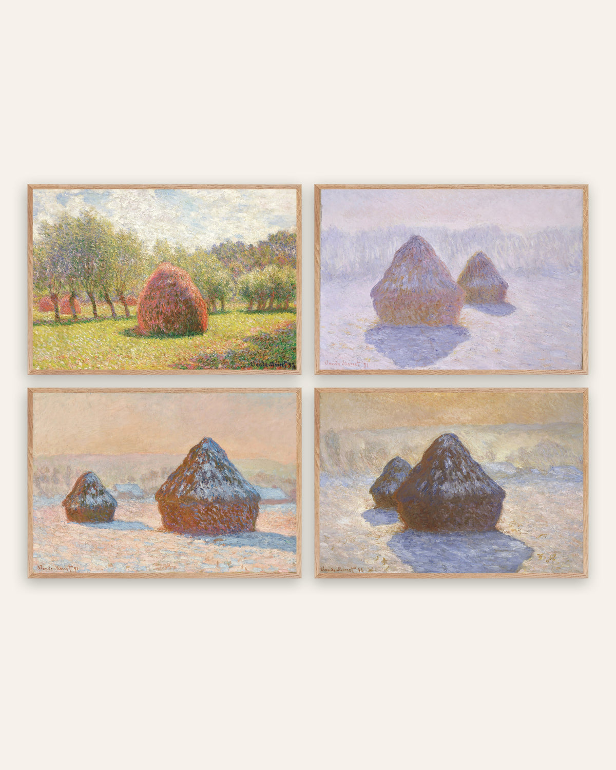 Monet Heinäsuovat-julisteet, 4 kpl setti: kesästä lumeen, luonnontammikehyksissä