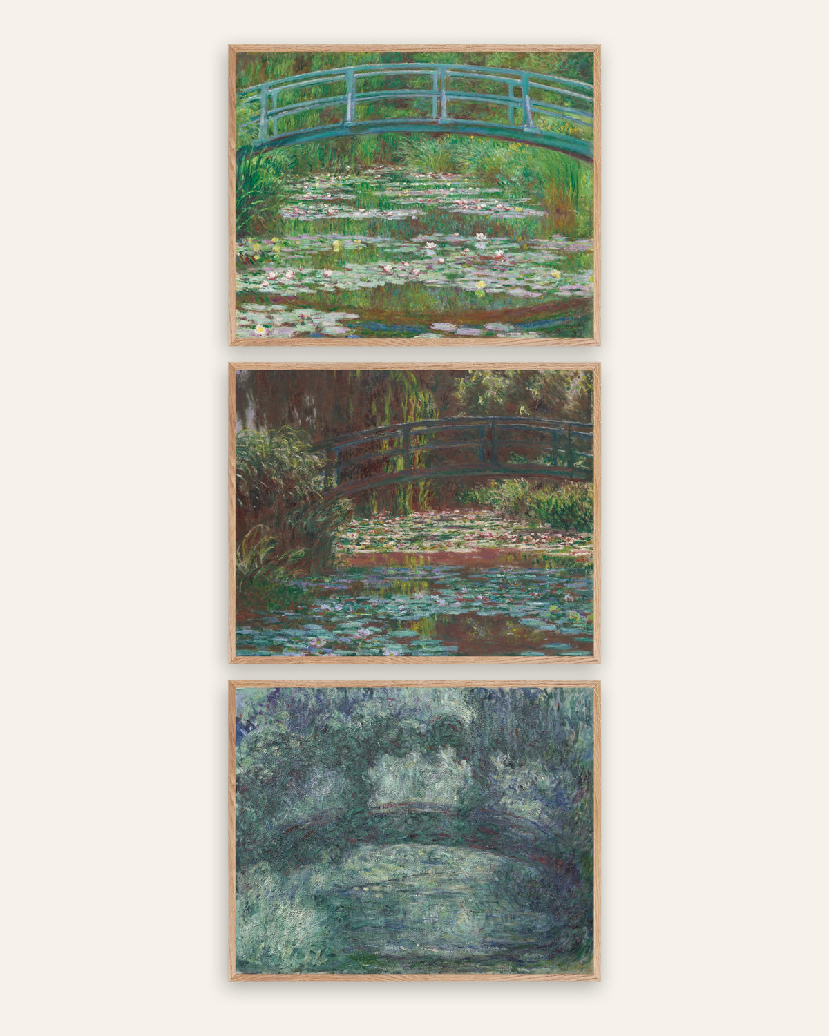 Monet Japanilainen silta -julisteet, 3 kpl setti: Giverny 1899–1924, luonnontammikehyksissä