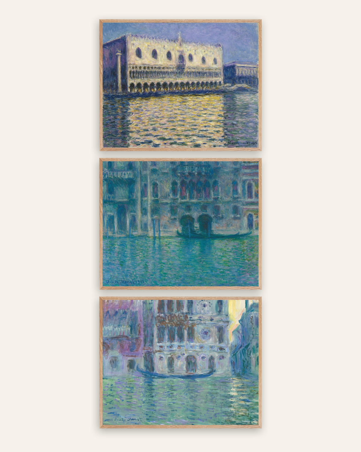 Monet Venetsia-julisteet, 3 kpl setti: Dogepalatsi, da Mula ja Dario, luonnontammikehyksissä