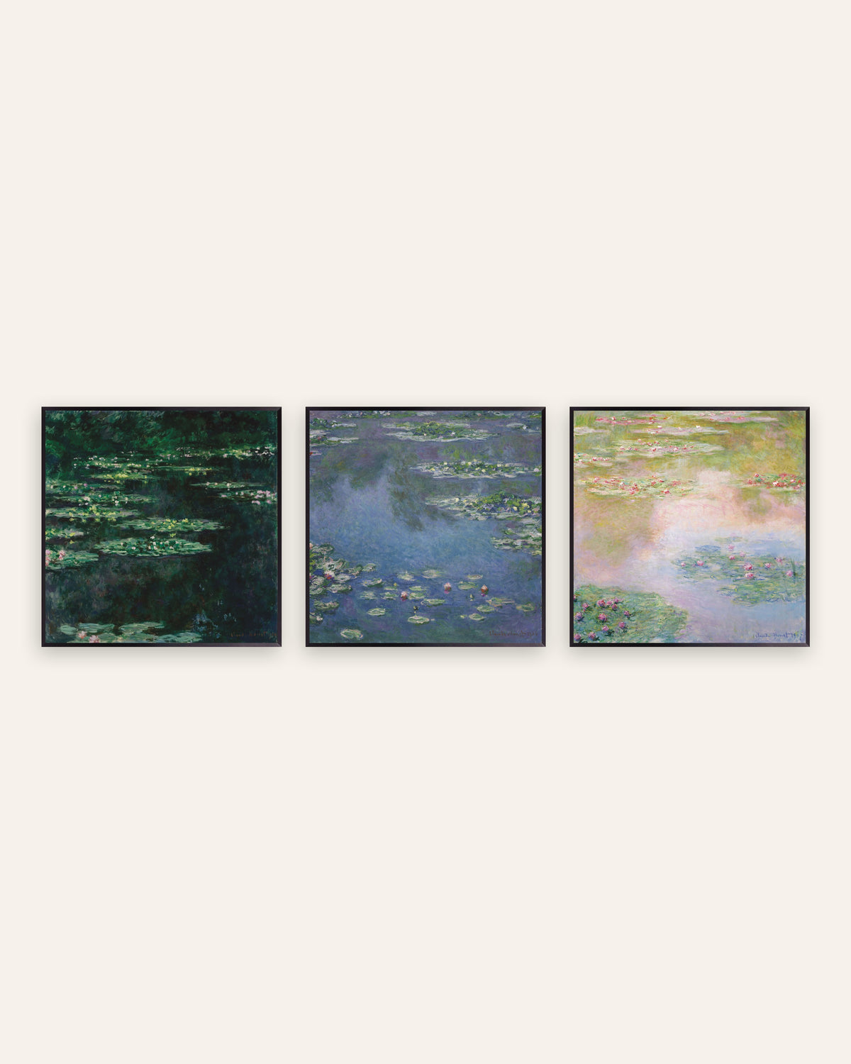 Monet Lumpeet-julisteet, 3 kpl setti: neliönmuotoiset lampinäkymät, mustissa metallikehyksissä