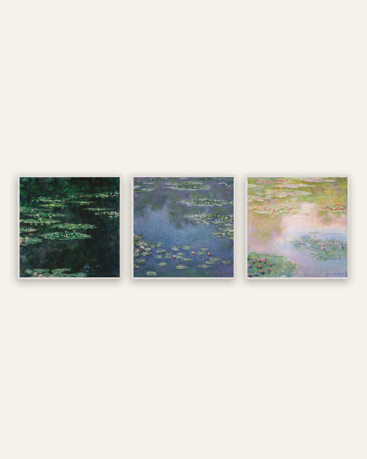 Monet Lumpeet-julisteet, 3 kpl setti: neliönmuotoiset lampinäkymät, valkoisissa tammikehyksissä
