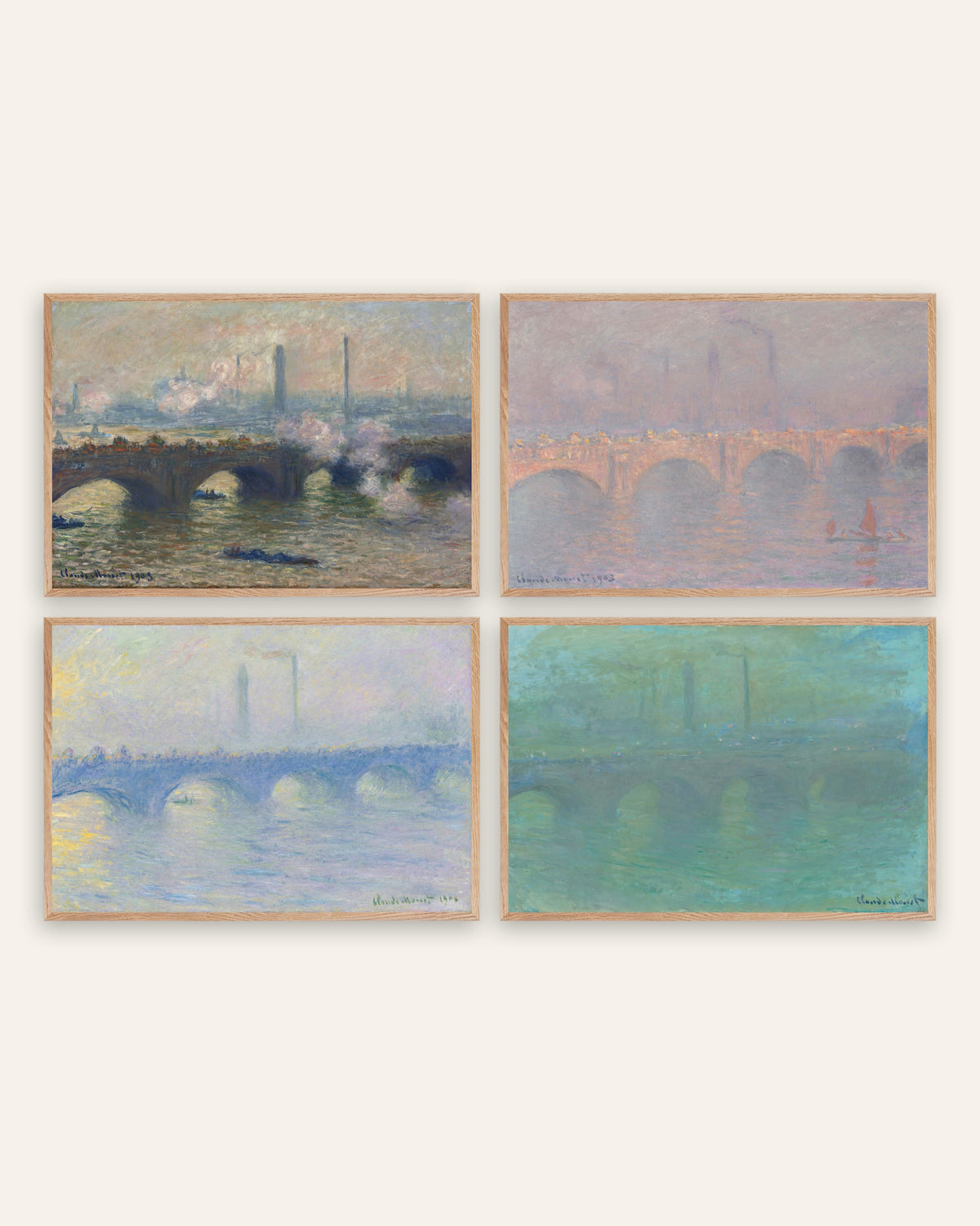 Monet Waterloo Bridge -julisteet, 4 kpl setti: harmaa, aurinko, usva, hämärä, luonnontammikehyksissä