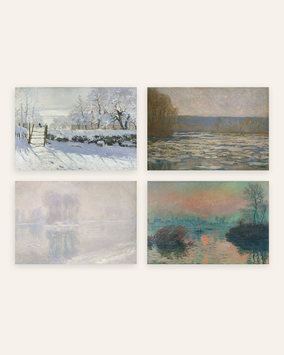Monet Talvi-julisteet, 4 kpl setti: Harakka, jää ja talven auringonlasku, ilman kehystä