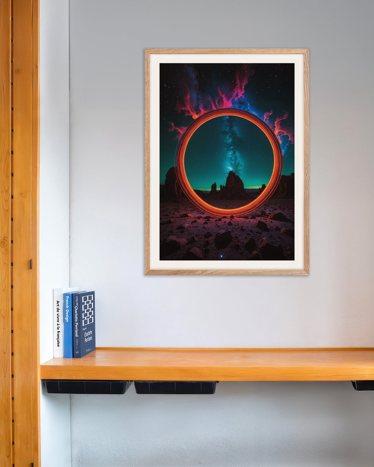 Photolab Luminescent Neon, ajan ympyrä luonnonvärisissä puukehyksissä