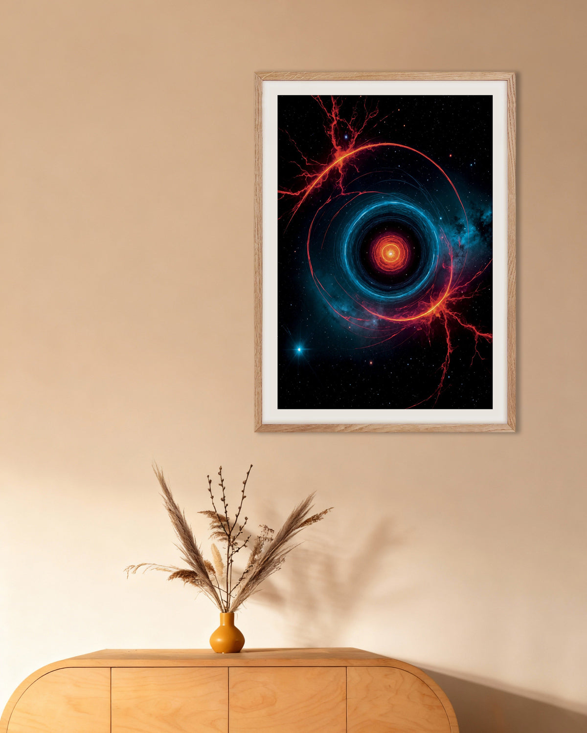 Photolab luminoiva neon, avaruusilmiö luonnonvärisissä puukehyksissä