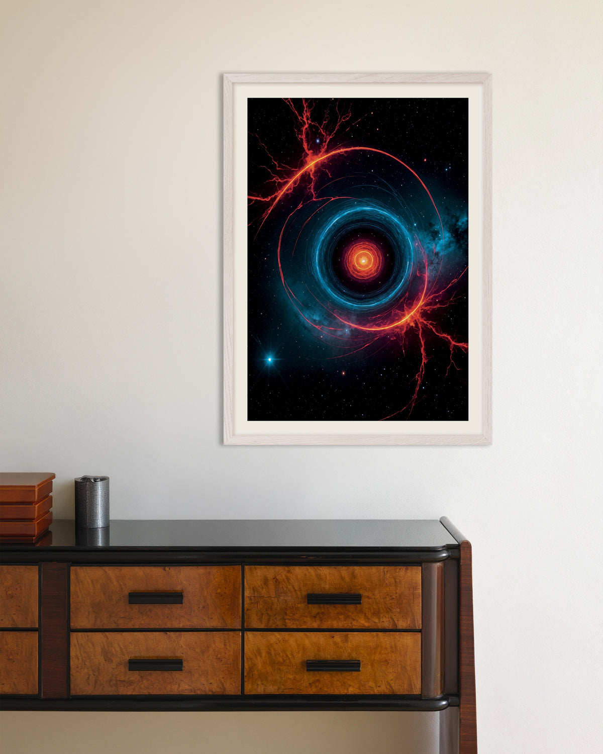 Photolab luminoiva neon, avaruusilmiö valkoisissa puukehyksissä