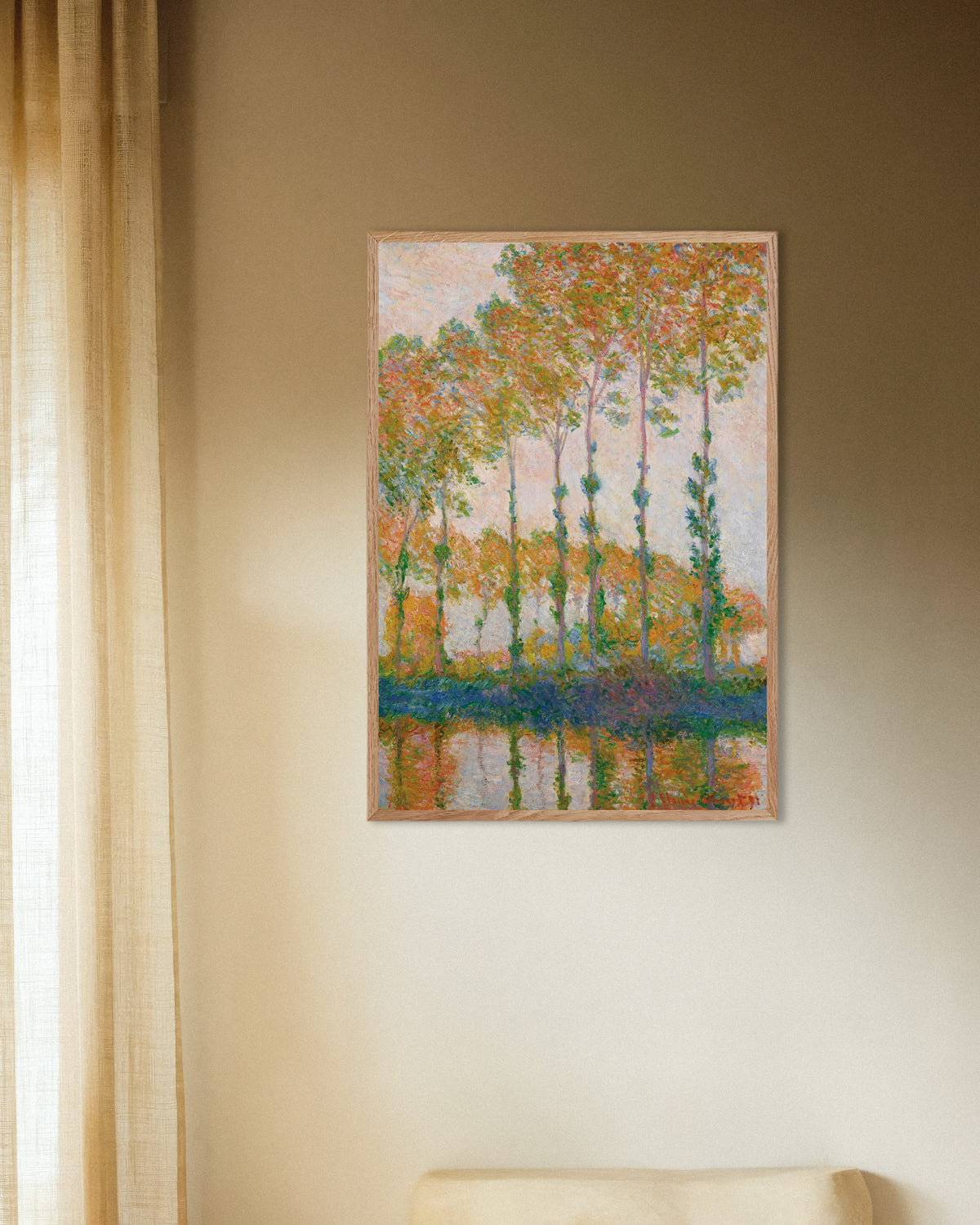 Claude Monet’n Poppeleita Epte-joen rannalla, syksy (1891) -juliste luonnonvärisessä puukehyksessä
