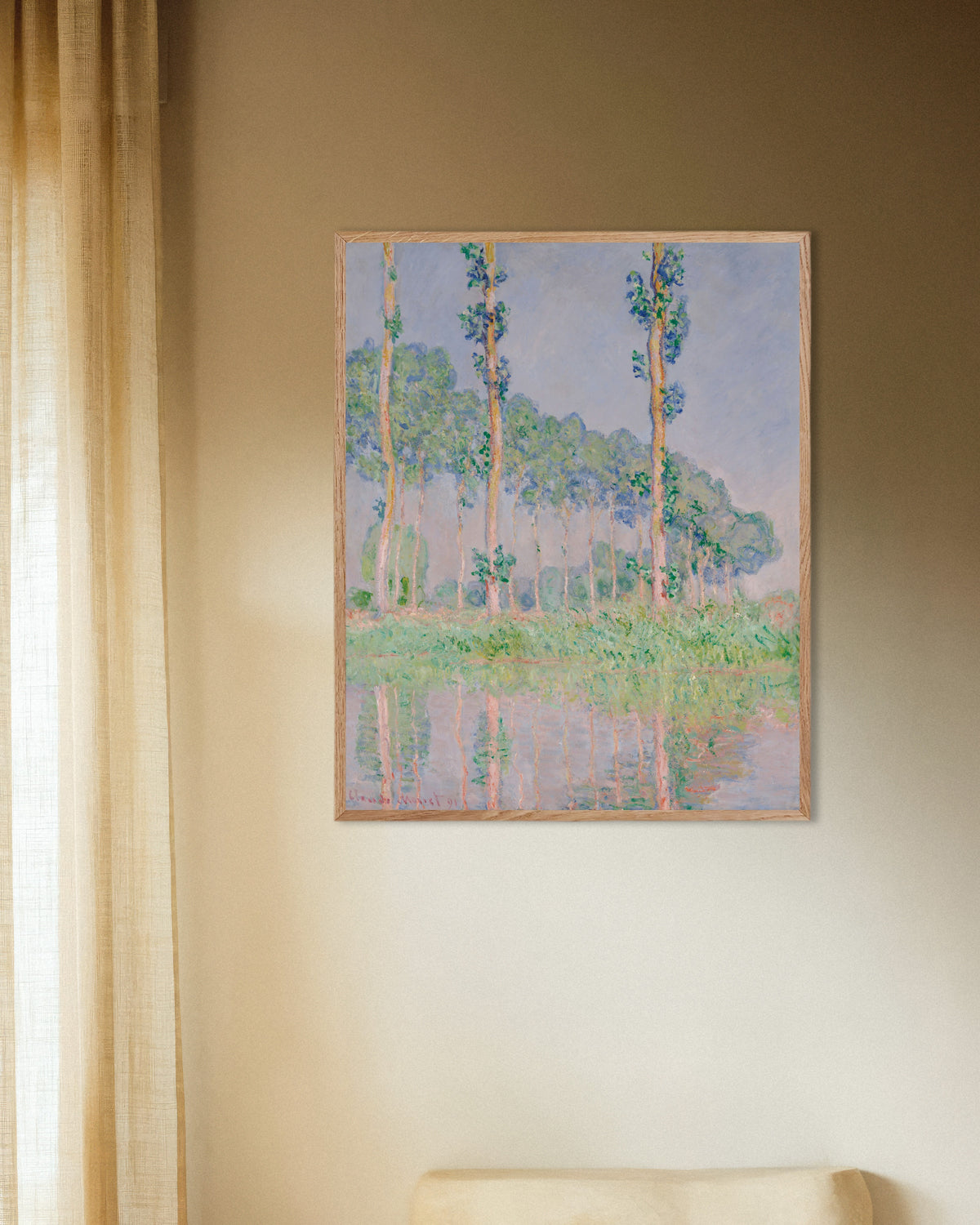 Claude Monet’n Poppelit, vaaleanpunainen vaikutelma (1891) -juliste luonnonvärisessä puukehyksessä